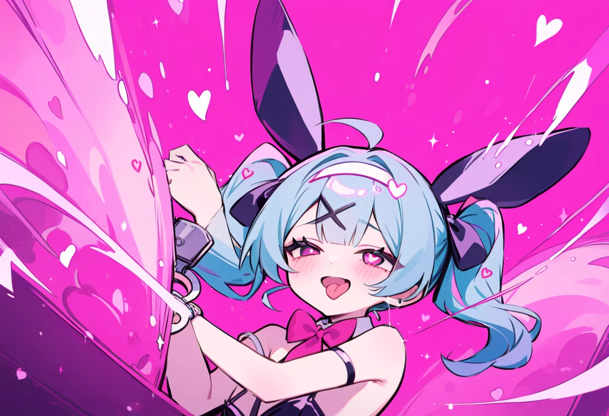 Hzk,  score_9,  score_8_up,  score_7_up,  score_6_up,  score_5_up,  score_4_up ,(Alone:1.7), girl,Alone,『Rabbithole』,   Hatsune Miku ,  upper body，Down the rabbit hole \( vocaloid \),  vocaloid ,   Masterpiece ,  top quality，up to date, playboy bunny, Black clothes， Heart Shaped Eyes , winks，  Portraits,   tongue， white handcuffs on right arm  ，  pink background，shadow ，lame， glitter，