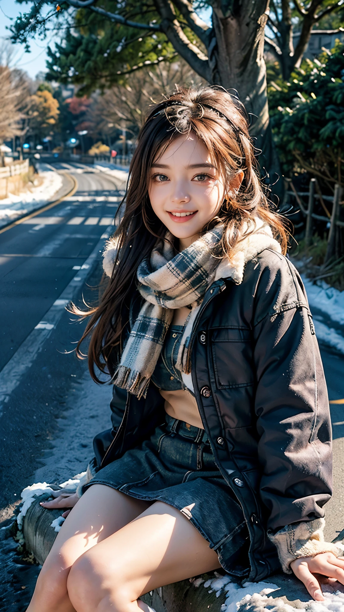 ( Award-winning ,  face focus:1.4,High definition 8K,  Ultra Quality:1.3), ( photorealistic:1.4),  Sitting with both knees , smile showing teeth , rough street fashion , dark hair short hair:1.3,(( earmuffs with bright colored fur outerwear and muffler, Tight Miniskirt ,)), Masterpiece , Breast up , high definition ,  1 girl, Show your teeth and smile :1.4,Front View,  dark eyes, Beautiful Eyes  , colorful ,  Brilliant Lighting , Black Light,((Winter Sona tree-lined road background:1.4))