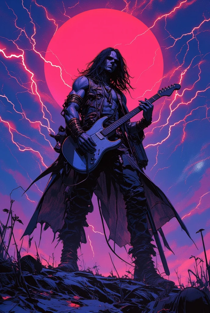  Arafe Picture of a Man Holding a Guitar in Front of Lightning, Synthwave, Buckethead , 1 9 8 0's heavy metal  album art,  Stoner Rock ,  1980s Metal Artwork ,  album art,  dramatic illustration 