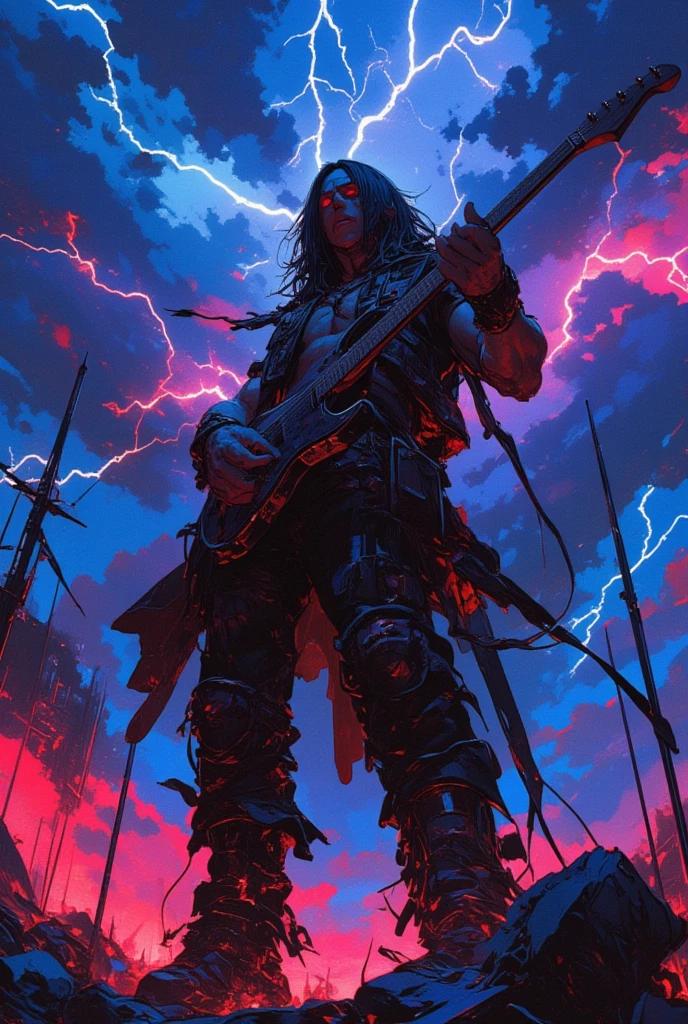  Arafe Picture of a Man Holding a Guitar in Front of Lightning, Synthwave, Buckethead , 1 9 8 0's heavy metal  album art,  Stoner Rock ,  1980s Metal Artwork ,  album art,  dramatic illustration 