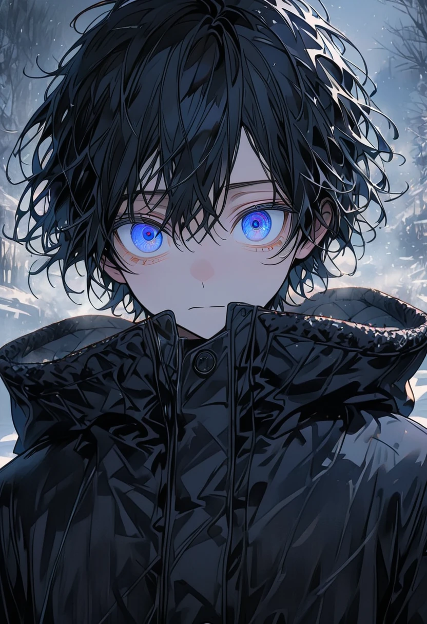 solo male, young, blue eyes, long black hair, confused, morning, very cute, wearing warm clothes, cold winter background, high ultra details, details in eyes,. detail in background, detail in face, detail in hair, detail in clothes, detail in expression 