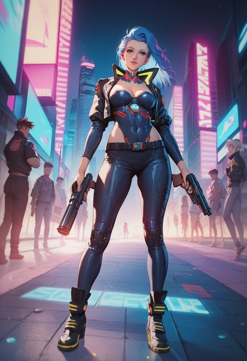 frau, 25 Jahre alt, full-length portrait, schwarzes Haar, Frisur mit Haartolle, Perfekte Proportionen, big boobs, lange Beine, Cyberpunk-Bustier mit Metallelementen und Elektronik, Bauch frei, Sehr kurze Cyberpunk-Hose mit Metallelementen und Elektronik, Die Beine bleiben frei, Waffenhalterung am Oberschenkel, Waffe in der Hand, Die Schlacht endete, destroyed androids on the ground, Sweat and blood splashes on the skin, im Hintergrund mehrere Ebenen einer riesigen Megacity aus der Zukunft, fliegende Fahrzeuge, viel buntes Neonlicht