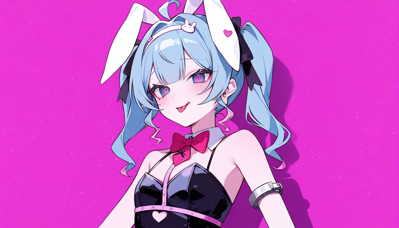 Hzk,   score_9,   score_8_up,   score_7_up,   score_6_up,   score_5_up,   score_4_up ,(Alone:1.7),  girl,Alone,『Rabbit hole 』,    Hatsune Miku  ,  upper body，Down the rabbit hole \(  vocaloid  \),   vocaloid  ,     Masterpiece  ,  top quality，up to date, playboy bunny, black clothes，  heart shaped eyes ,  winks，   Portraits,   tongue， white handcuffs on right arm   ，   pink background，shadow ，lame，  glitter，