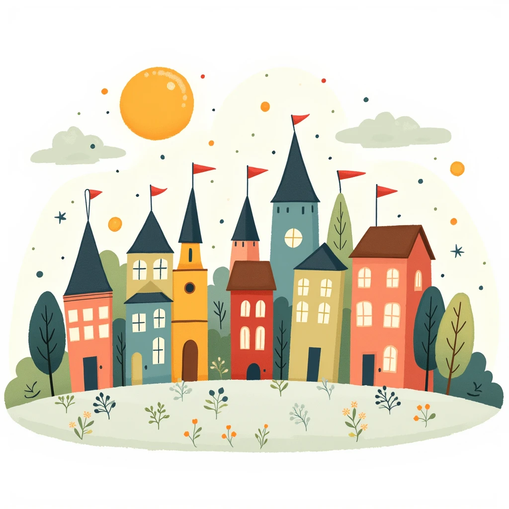 A whimsical cityscape, with charming buildings and a light, airy feel,  simple background