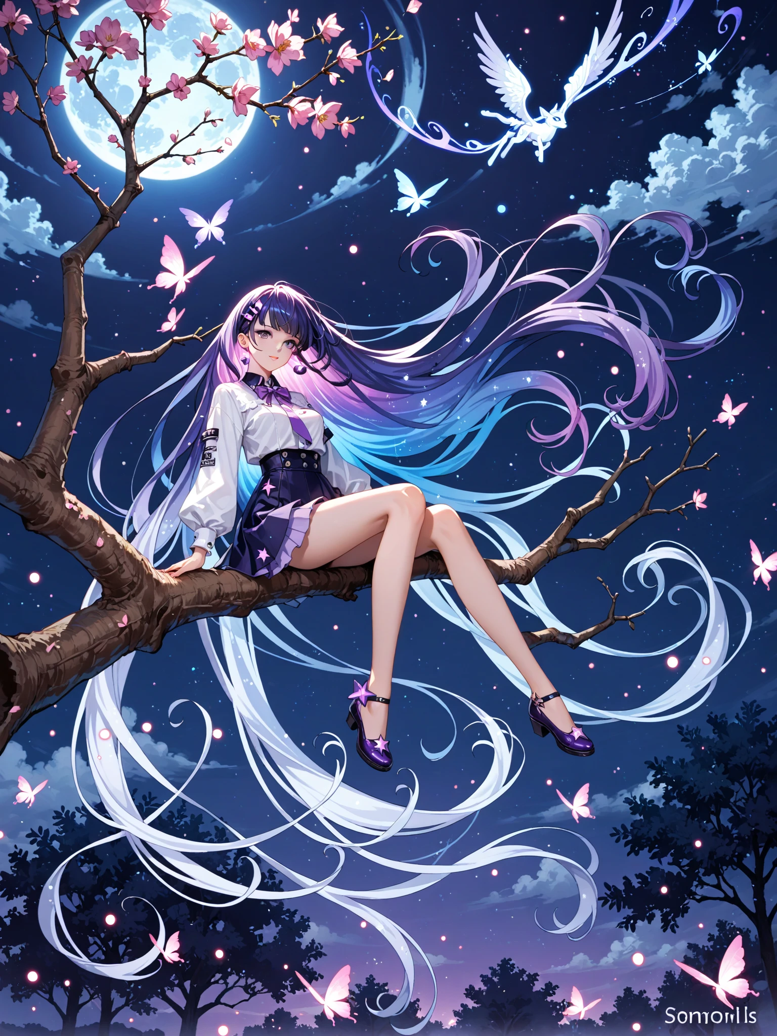 score_9, score_8_up, score_7_up, source_anime,
surreal, 
1girl,Kpop idol, very long hair, floating hair,glowing hair, 
 night scene,moon in the sky,purple hues,starry night,dreamlike atmosphere,glowing edges,mystical,high contrast,ethereal light,sitting on a tree branch,light particles,