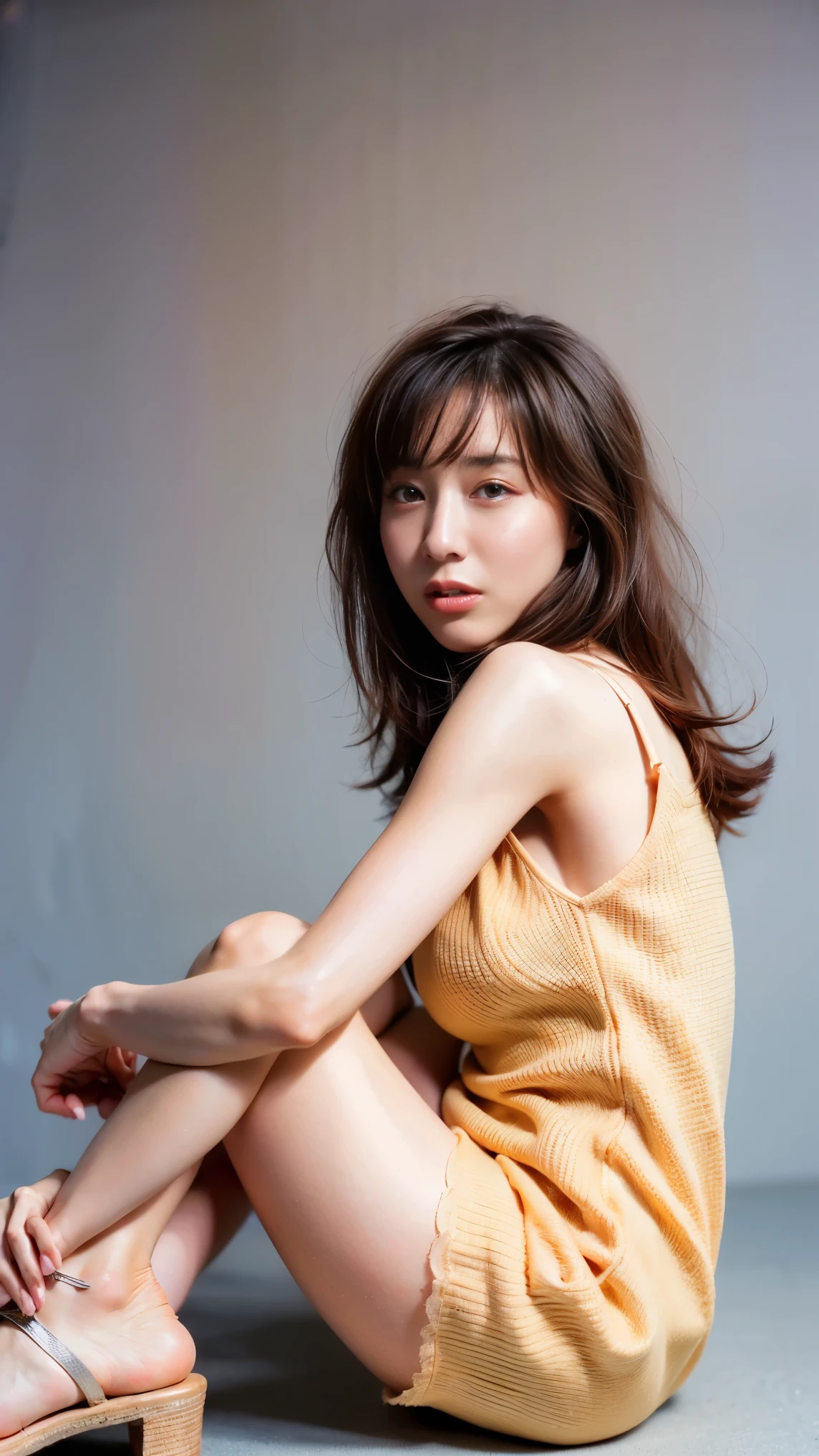 top quality,  Masterpiece , super high resolution,(:1.4),Original photo, super high resolution，8k，There are women too， white skin、Ultra thin, sleek, pure white lace mini nightgown， high heels， long legs :1.5，Bright and beautiful， high waist ， flashy makeup using red eyeshadow， gray background ，