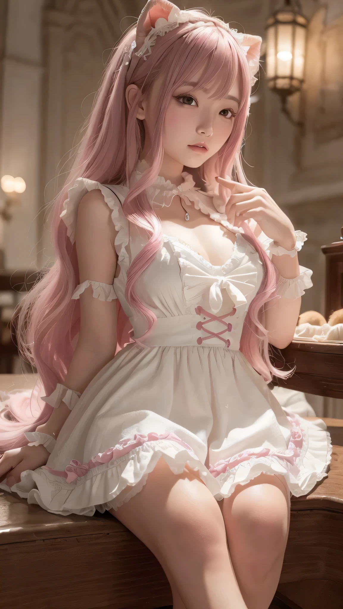 UHD, masterpiece, ((anatomically correct)), textured skin, super detail, high details, high quality, best quality, 16k, 8k, (1 Girl, English Maid:1.5), (Solo Focus, Alone, Woman:1.5) blue eyes, cute, (Maid, Mini Skirt, Ruffled Maid Headband, Ruffle blouse, Ribbon Ties, aprons, Long skirt, Puff sleeves, White silk ankle socks, frilld:1.3), (Pink hair, shiny hair, twin braids:1.3), beautiful detailed eyes, beautiful clavicle, beautiful body, beautiful chest, beautiful thighs, beautiful legs, Lean Forward, , In The Cafeteria, Lim light, Natural lighting, Cowboy Shot, (Cinematic light), SSCI - FI e Fantasia, intrincado e muito bonito e elegante, altamente detalhado, pintura digital, art-station, arte conceitual, smooth and sharp focus, illustration, Arte de Tan Zi e Ayanamikodon e Alphonse Mucha e Wlop