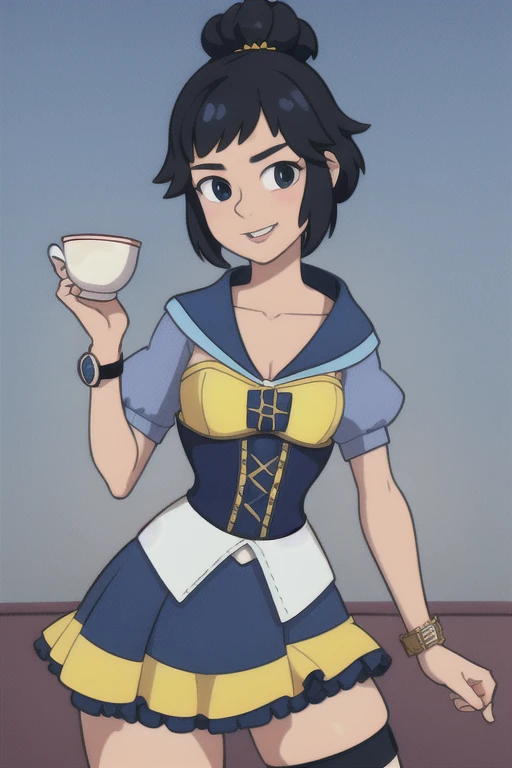 1girl, solo, smile, looking at viewer, , ,, masterpiece, best quality:1.4,high quality, detail, young teen, Black gymnastics bloomers, High leg、white blouse, A beautiful, evil, black-haired witch having tea with a black-haired, black-bearded king, and wearing red clothes, yellow and blue. A ****** princess in a blue corset dress, yellow skirt, red cape has black hair and watches the scene