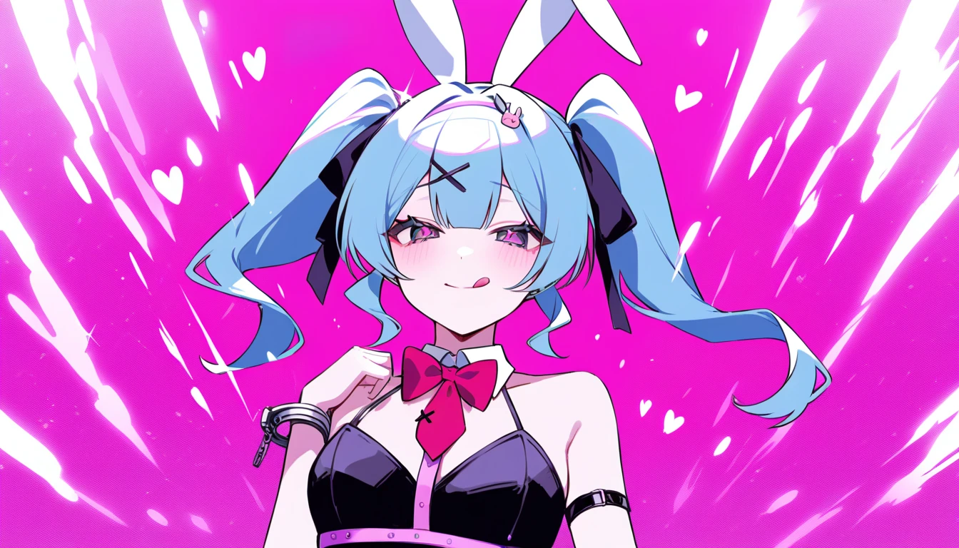 Hzk,   score_9,   score_8_up,   score_7_up,   score_6_up,   score_5_up,   score_4_up ,(Alone:1.7),  girl,Alone,『Rabbit hole 』,    Hatsune Miku  ,  upper body，Down the rabbit hole \(  vocaloid  \),   vocaloid  ,     Masterpiece  ,  top quality，up to date, playboy bunny, black clothes，  heart shaped eyes ,  winks，   Portraits,   tongue， white handcuffs on right arm   ，   pink background，shadow ，lame，  glitter，ハートの glitter，Light，illumination， bright 