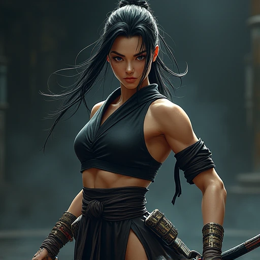 Ninja, mulher ocidental, mulher bonita, mulher de cabelo branco longo, black_hair, long_hair, gray ninja clothes, peitos grandes, mortal kombat style, personagem de mortal kombat, realista, 1girl, jardim de fundo, sentada