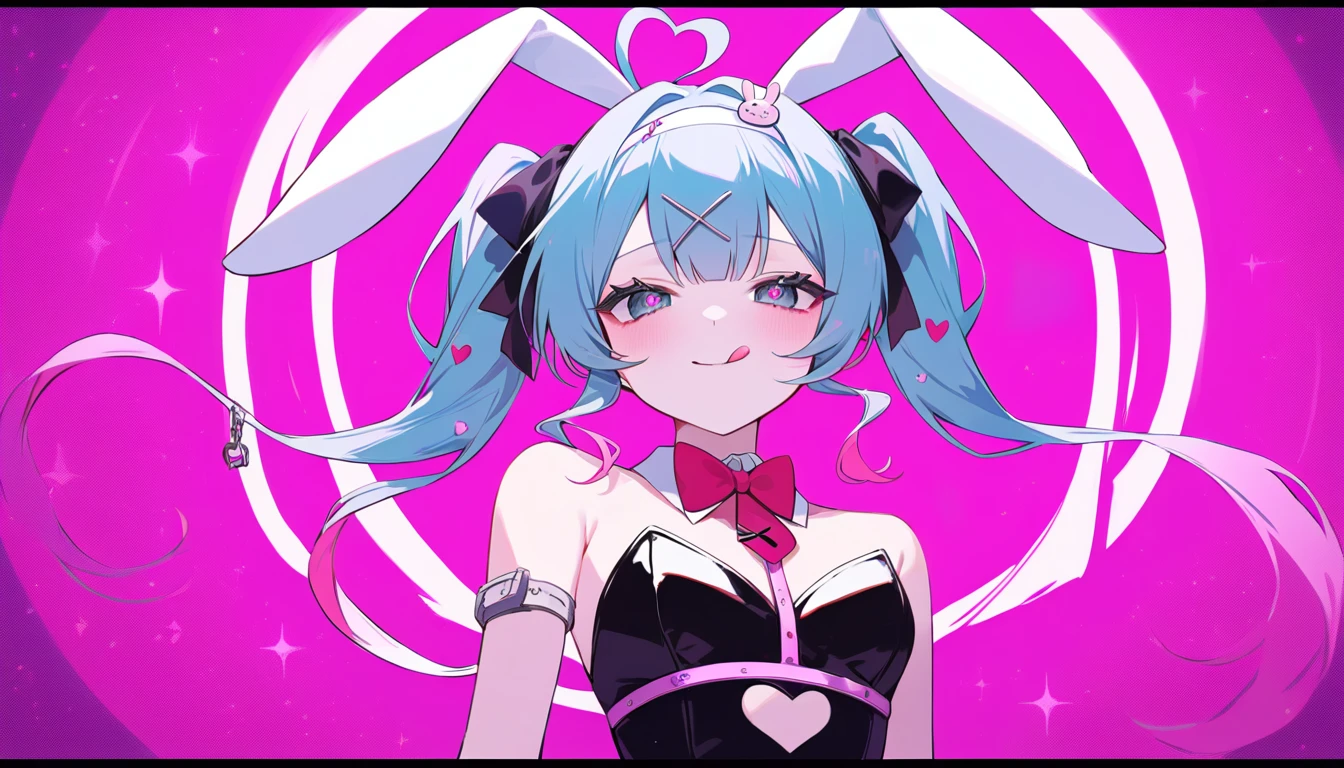 Hzk,   score_9,   score_8_up,   score_7_up,   score_6_up,   score_5_up,   score_4_up ,(Alone:1.7),  girl,Alone,『Rabbit hole 』,    Hatsune Miku  ,  upper body，Down the rabbit hole \(  vocaloid  \),   vocaloid  ,     Masterpiece  ,  top quality，up to date, playboy bunny, black clothes，  heart shaped eyes ,  winks，   Portraits,   tongue， white handcuffs on right arm   ，   pink background，shadow ，lame，  glitter，ハートの glitter，Light，illumination，bright circle ， black round border ， gradient