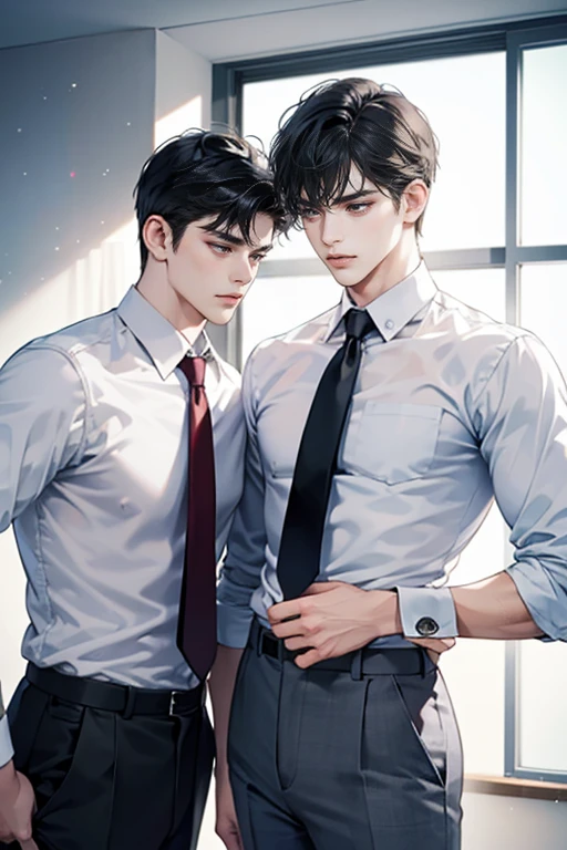 I'll be happy to help you create a boy-to-boy love scene with two young men of Korean descent... One is a 22 year old man.., alto y guapo, vestido con un elegante y elegante uniforme de guardaespaldas. Sus rasgos afilados, chiseled jaw, and the penetrating gaze demands attention and respect.
El otro hombre, 20 years, has a more relaxed appeal. Es guapo por derecho propio, with a slim build and small stature, pero tiene un encanto y un atractivo innegables.. Su vestimenta es casual pero elegante., and his expression radiates a carefree and calm demeanor..
Ambos hombres comparten hermosas