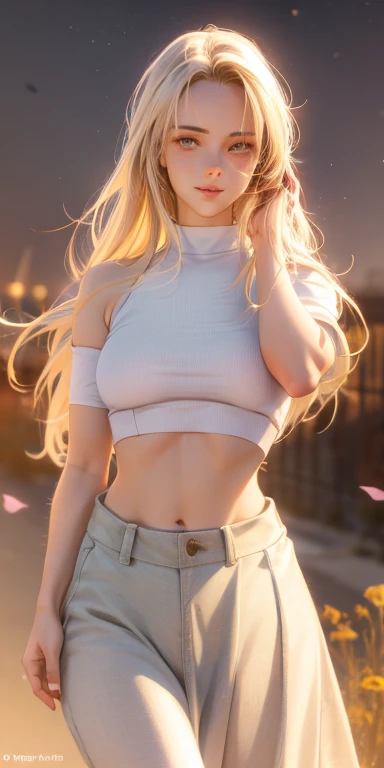 realistic, 1girl, white hair, purple eyes, glowing eyes, crop top, skirt, parted lips, blush, night, flowers, sun, sunlight,