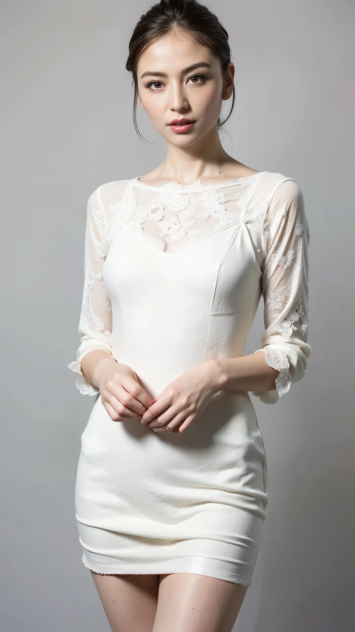  top quality,  Masterpiece , super high resolution,(:1.4),Original photo, super high resolution，8k，There are women too， white skin、Ultra thin, sleek, pure white lace mini nightgown， high heels， long legs :1.5，Bright and beautiful， high waist ， flashy makeup using red eyeshadow， gray background ，