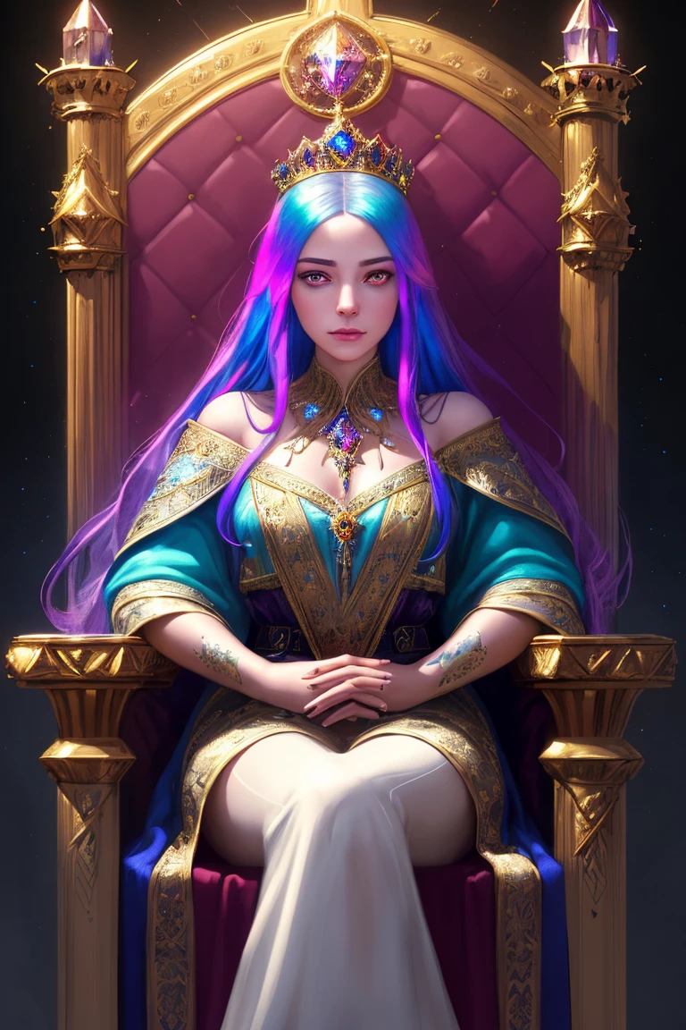 Alien woman, beautiful, large breasts, perfect body, dark grey skin, blue hair, curly hair, gold jewelry, elf ears, black sclera blue iris eyes, regal royal robes, sitting on throne, portrait pose, smiling, sharp teeth