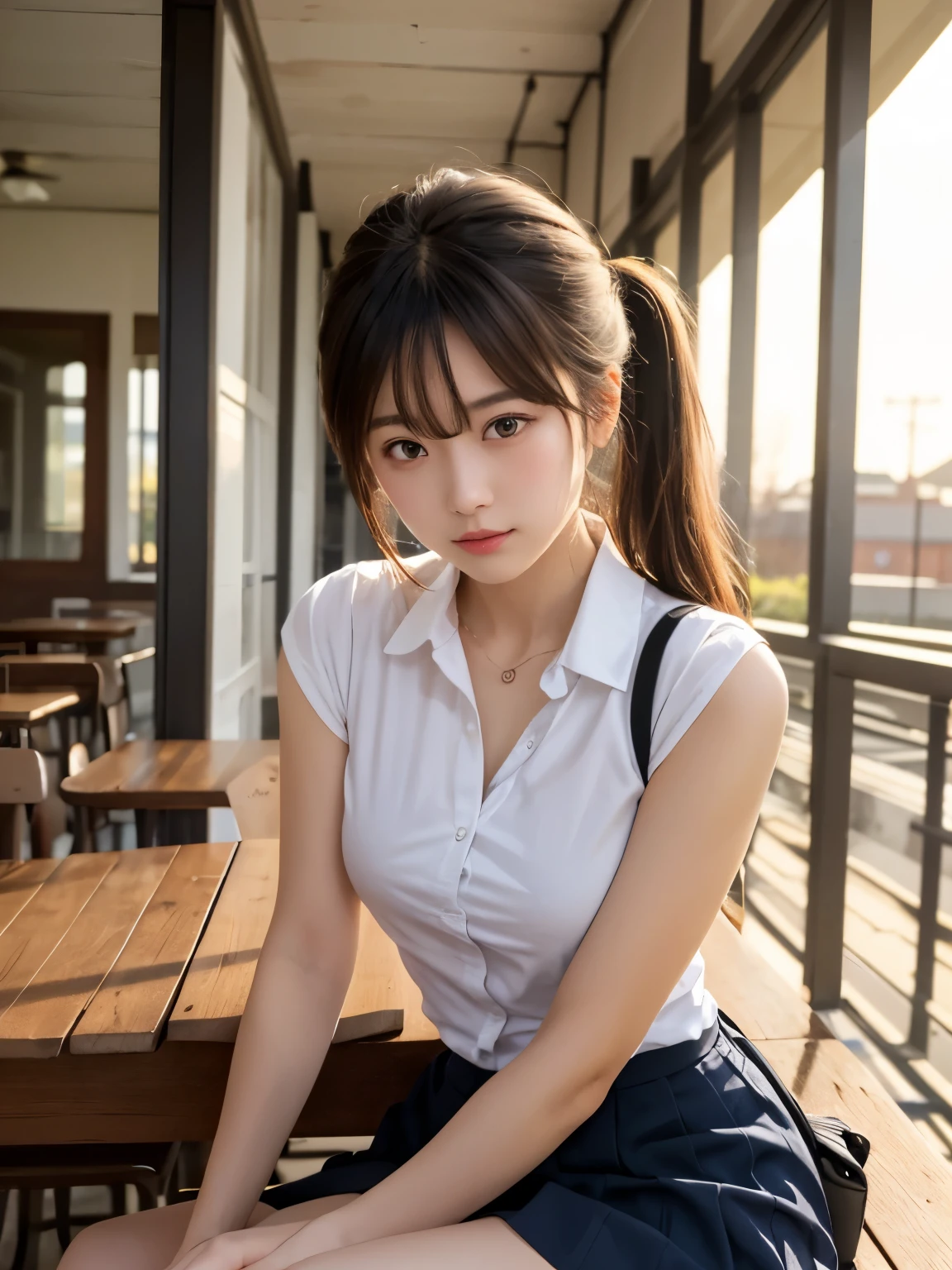 (8K、top-quality、​masterpiece:1.2)、(realisitic、Photorealsitic:1.37)、ultra-detailliert、Soft light、One girl、cute little、Soio、Beautiful detailed sky、Detailed classroom、Open Windows、sitting on、date、red blush、(A smile:1.15)、(Kawaii Smile)、small tits、finely eye、fine nose、Sateen、(poneyTail:1.5)、Floating Hair NovaFrogStyle、((Relaxing Pose))、silber hair、Unkempt hair、Narrowed eyes、tthin eyebrows、Mature Face、Full Shot Body、((shirt with collar、Ren Hao、Shirt、shortpants))、Dark Studio、Edge lighting、((outside rain、wetted skin、wet window、Wet shirt、wetting hair、wet window））、blue lights、long legged、