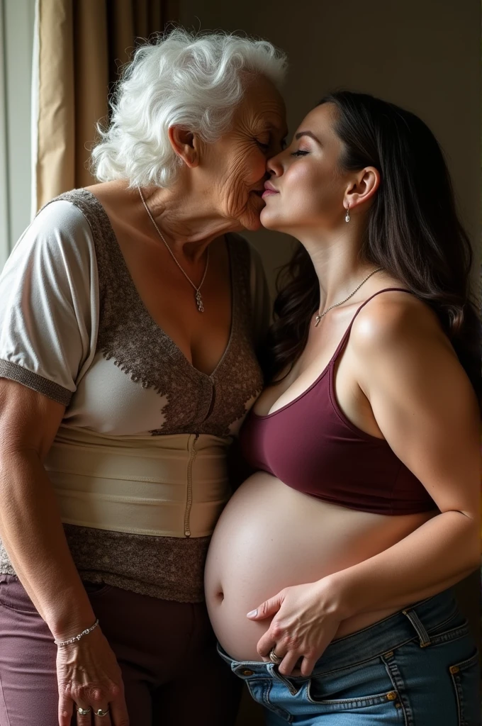 Create a photo of a single young woman aged 25, com pele branca e clara, slender and beautiful body, long brown hair that is completely naked, and his white shirt is being lifted by a 90 year old woman, obese, dark black skinned woman who is dressed in a red dress
