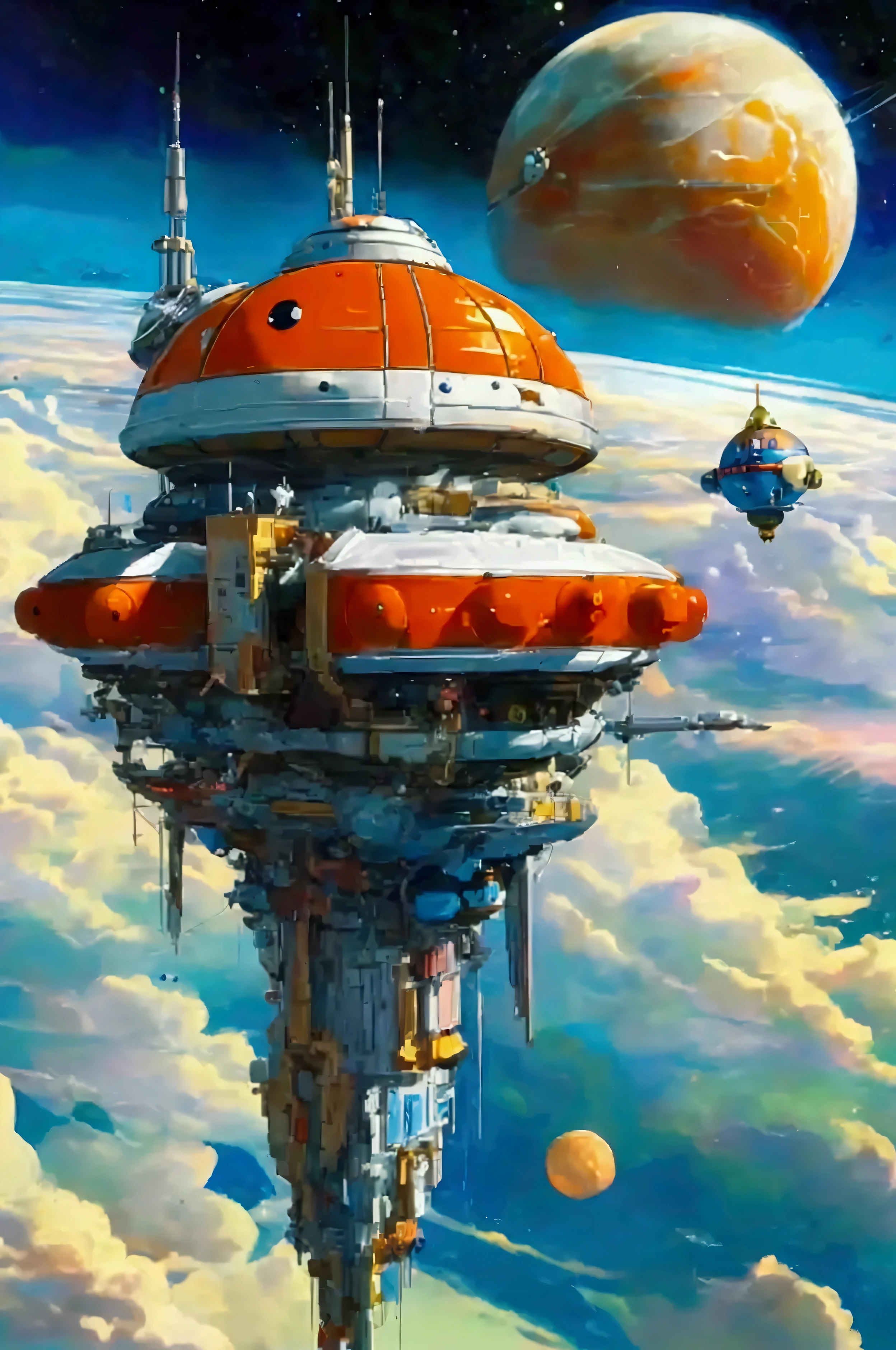 Akira Toriyama style of painting, manga, Japanese anime, A toy space station like the one from Dr. Slump Arare-chan, (tin toy space station:1.3), (Clockwork space station:1.3), floating in space, an old and rusty space station, a space station that emits a strange light, a planet that emits a complex light, a nebula that emits a complex light that can be seen in the distance,