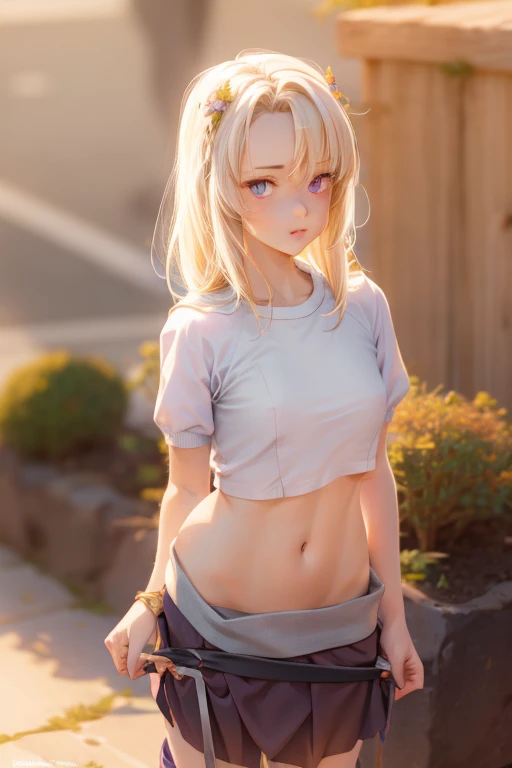 realistic, 1girl, white hair, purple eyes, glowing eyes, tight-fitting crop top,  ( extremely short micro skirt: 1.5), parted lips, blush, night, flowers, sun, sunlight, NAFW, uncensored, 