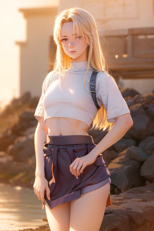 realistic, 1girl, white hair, purple eyes, glowing eyes, tight-fitting crop top,  ( extremely short micro skirt: 1.5), parted lips, blush, night, flowers, sun, sunlight, NAFW, uncensored, 