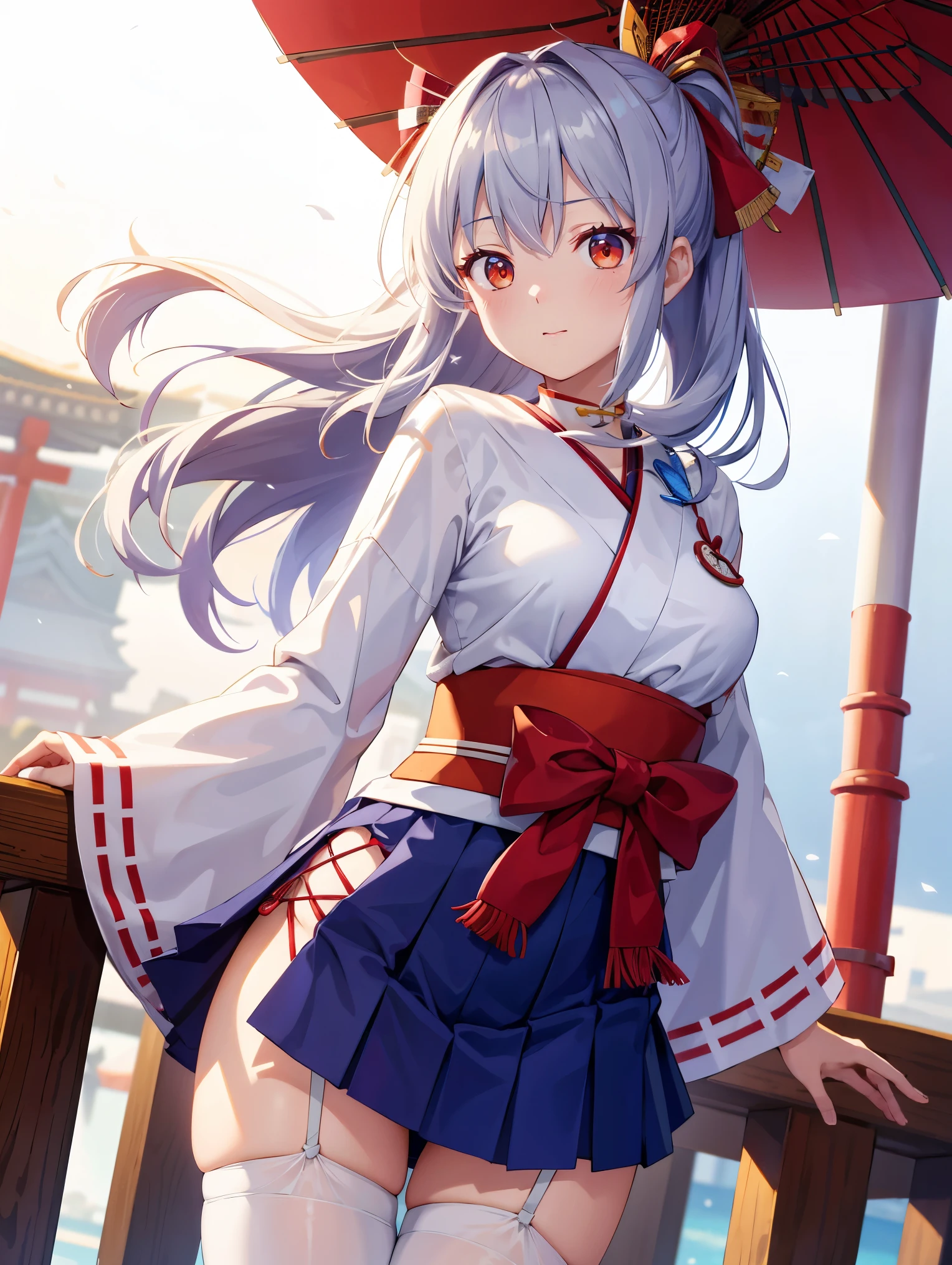 (( top quality)), ( high definition ), (( very detailed ))、(masterpiece)、A shrine maiden with disheveled, mature hair 、The sailor is wearing a transparent kimono and cute transparent panties、(６０I'm wearing denier tights)、( opens her  and flips her skirt at the shrine)、Cute  shape、(Hair messed up by the strong wind)、Neutral White Lighting、( Dynamic Angle)、