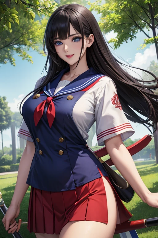 最 high image quality, masterpiece, 4K,  high image quality,  super high resolution,  of the prairie , CG drawing（ one cool adult female swordsman ） Hair、 black hair、Hairstyle、 straight、Straight、 semi-long、Bangs、 flows sideways 。 Tall、 slender 、（Sexually、Attractive body）
 （ open the front of my slender, slender, raised 、Elongated Sharp Eyes 、 very long eyelashes ）（ blue eyes。 beautiful瞳、beautiful、 red lips。
lipstick、 Completely-valid。）（Perfect、 beautiful eyes）（ short sleeve sailor suit、 even over a sailor suit 、My chest、You can see that it's big 。  belly button out、Navy blue mini pleated skirt with close inseam、）。
Deep Forest、 in the grass 、 standing 。
（A female swordsman、 bright red on her cheeks 、grin and 、A proud smile、 floats 。
 biologically 、Correct body