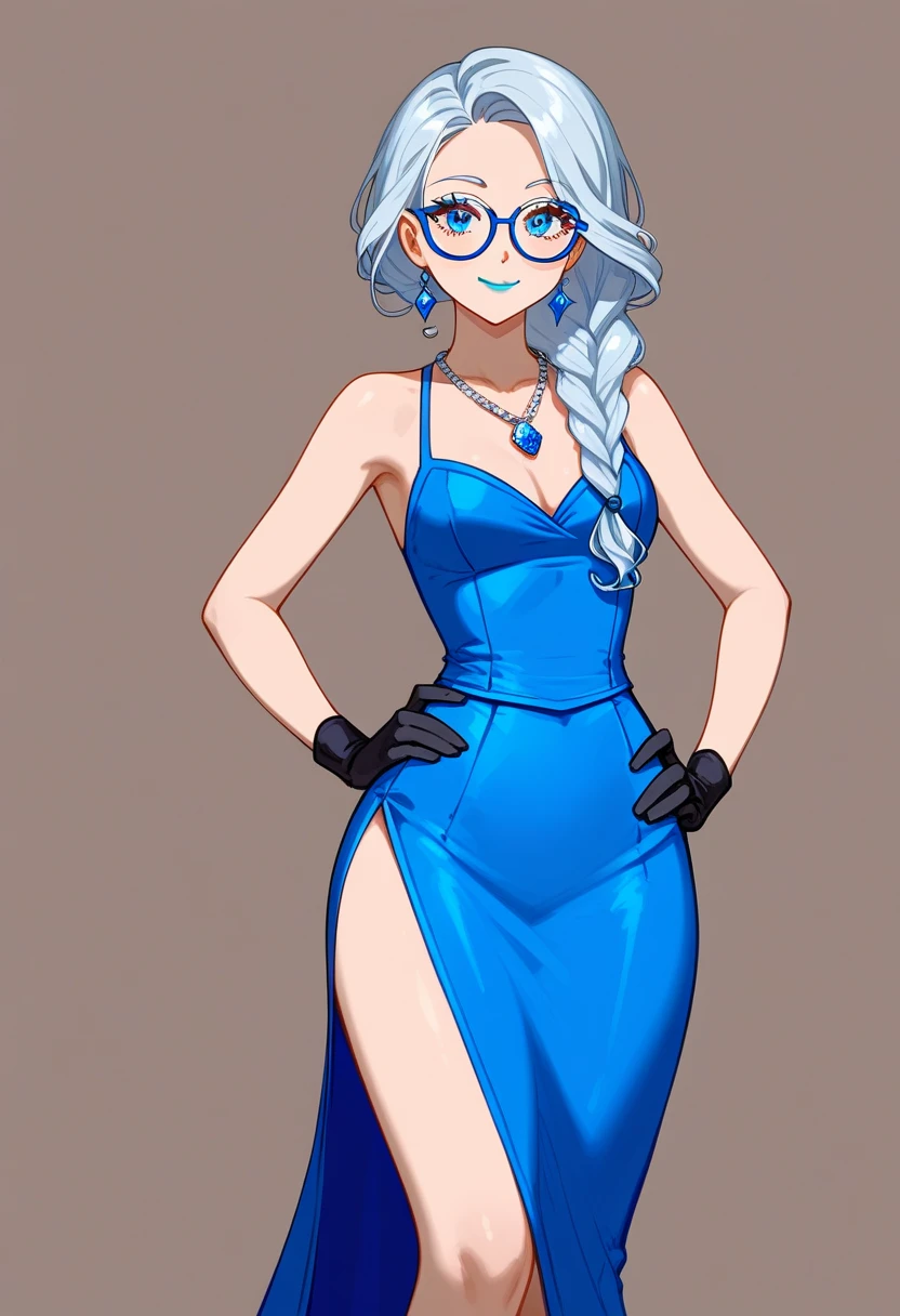  A woman with knee length long straight white hair, long curly sidelocks and long tiny braid sidelocks and blue eyes with white lashes with wide hips, narrow waist, sculpted flat stomach, a perky ample bosom, wearing blue eyeliner, jewelry, long dark blue dress, black gloves, ice blue lips, round dark blue glasses, a silver necklace with a diamons shapped blue sapphire pendant, leaning foward, smile, closed mouth, hand on hip