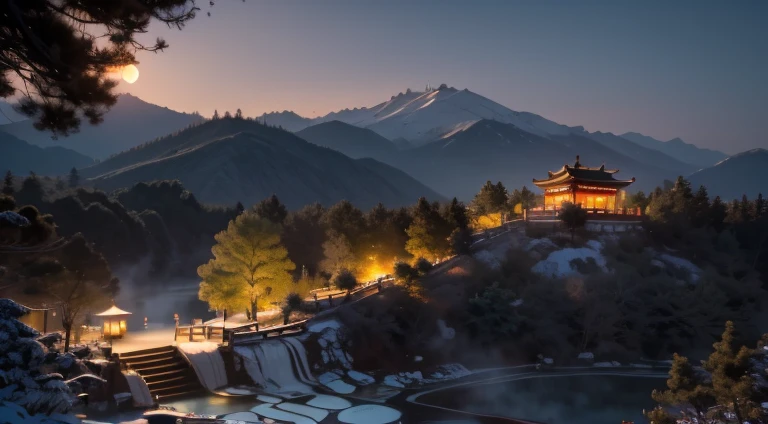 Chinese scenery, ((hot spring)), (Blizzard), (firefly), (Paper Kite), (midnight), (moon), Hilltop Shrine, ((flower)), Beautiful scenery, Realistic lighting, masterpiece, high quality, Beautiful graphics, High Detail,