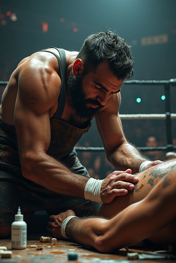 A boxer punches a tall, long-haired football player.
