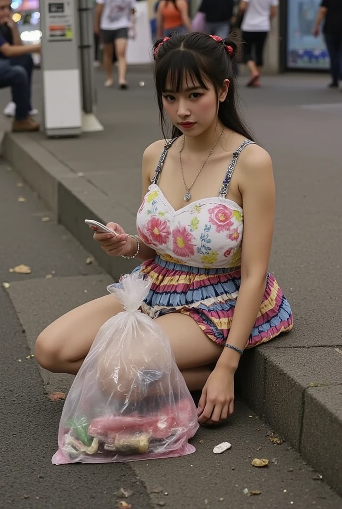 NSFW,
photography, film, depth of field, realistic skin texture, realistic photo, taken with smartphone, documentary,
pigtails, bangs,
(one girl, junior idol, teenage girl, Japanese girl, runaway girl),
messy hair, cute face, looking at camera, full body,
she is wearing necklace, (stained camisole, stained super mini skirt), friendship bracelet, anklet, but no panties, no underwear,
she is wearing colorful camisole top with thin shoulder straps,
she is wearing colorful super mini pleated skirt,
her pussy is visible from the hem of the super mini pleated skirt,
her body is plump with not much of a waistline, big ass and thick thighs, giving an overall underdeveloped impression,
She has super big breasts as big as her head,
(Gigantic Bust: 1.6),
She is fat with big breasts,
She has thick legs,
She is still in her early teens but ran away from home and is making a living by prostituting herself,
She is sitting on the edge of the sidewalk with her legs stretched out,
She is playing with her smartphone,
She spreads her legs and shows her pussy to get the man's attention,
She looks up at me with the camera pointed at her,
She looks at the camera and smiles sadly as if to fawn,
She hasn't washed her body so her whole body is filthy, her clothes, skin and hair are dirty,
There is a plastic bag full of junk next to her,
This is a corner of Shinjuku's downtown, (night, downtown at night), town, city, downtown,
Various types of garbage are scattered on the street, condoms, (used condoms),