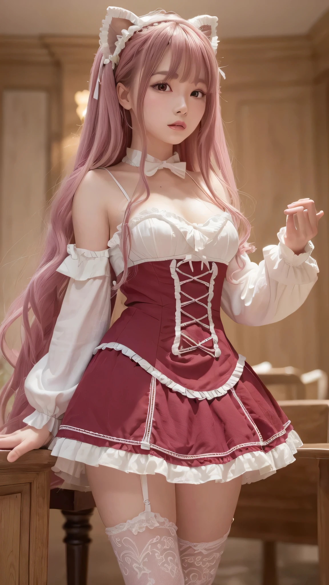 Masterpiece, best quality female, (French),(small breast), (very long curly pink volumetric hair:1.33), (white crinoline inside with red corset outside:1.33), (long red skirt:1.33), flat headband, (detailed beautiful hazel eyes:1.33), detailed blush smiling face, slim body, perfect anatomy, very cute, dynamic pose, showing some leg, perfect shading, dramatic lighting, rendered in 8K resolution for high-quality detail, trending on art station, concept art, smooth, sharp focus, in a saloon, highly detailed, soft natural volumetric, cinematic perfect light, intricate details