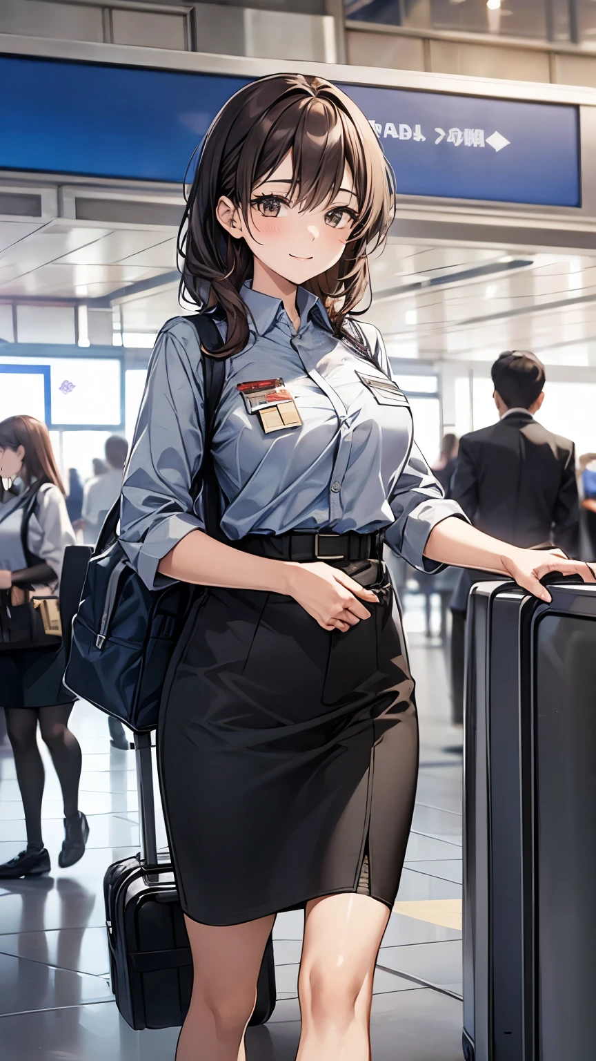 A female airport employee is standing at the information counter in a modern airport terminal.  she is wearing a professional uniform , Friendly and warm expression .  The background includes signs in multiple languages,  person walking with luggage 々,  overall busy airport vibe . The lighting is bright and natural,  gives the scene a clean and efficient look 