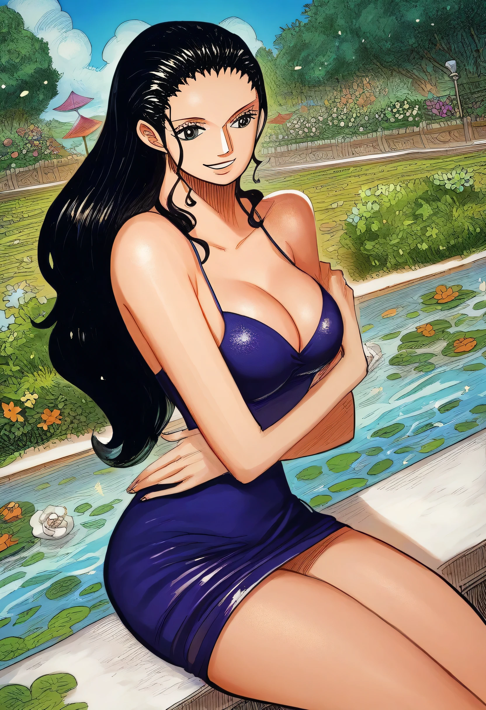 score_9, score_8_up, score_7_up, score_6_up, score_5_up, score_4_up,sitting,smile,long tight purple dress,detailed,in night garden, cleavage medium breast, n1k0r0b1nps, black hair, 1girl, solo, long hair, hair slicked back, Shining  breasts, anime artstyle,sexy body,Shining skin,too white skin,beautiful breasts