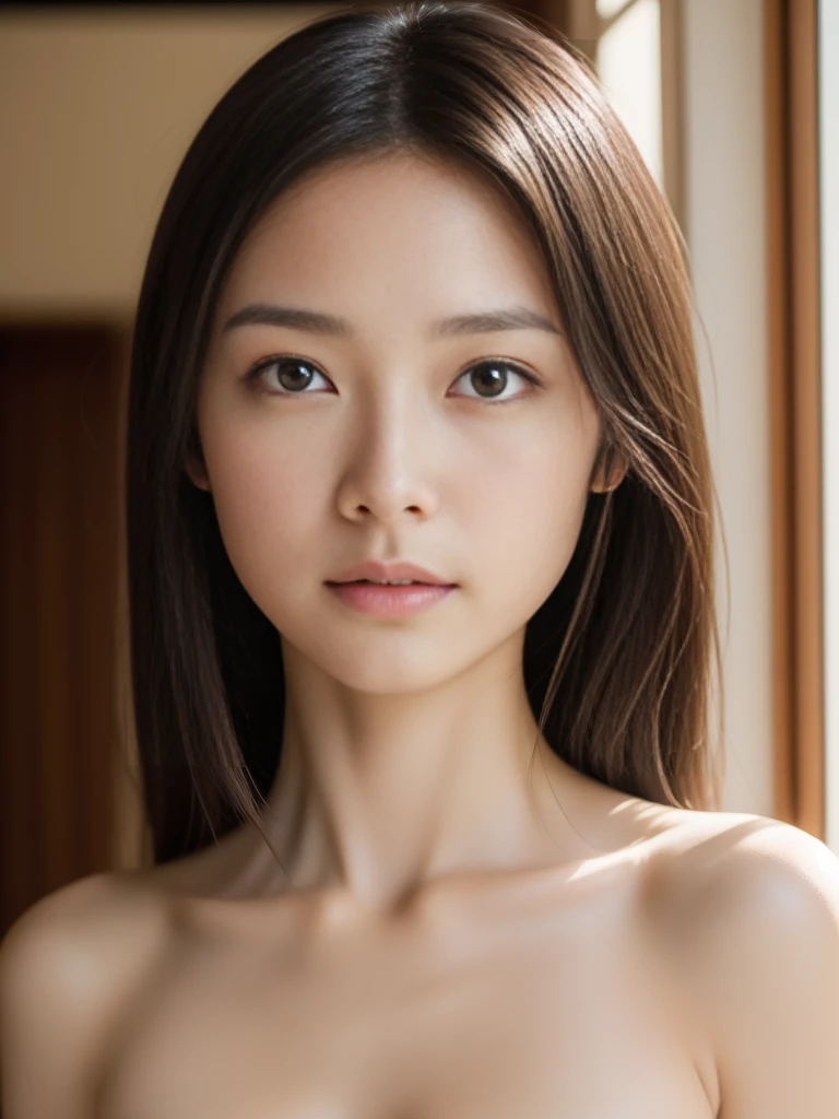 A beautiful young Japanese woman, nude, topless,  (best quality,4k,8k,highres,masterpiece:1.2),ultra-detailed,(realistic,photorealistic,photo-realistic:1.37),extremely detailed eyes and face,longeyelashes,beautiful detailed lips,beautiful detailed eyes,natural lighting,soft lighting,warm color tones,cinematic, (naked:1.6),(nude:1.6), whole body,(ample bosom:1.2),smile,  (leaning forward), (hands knee),