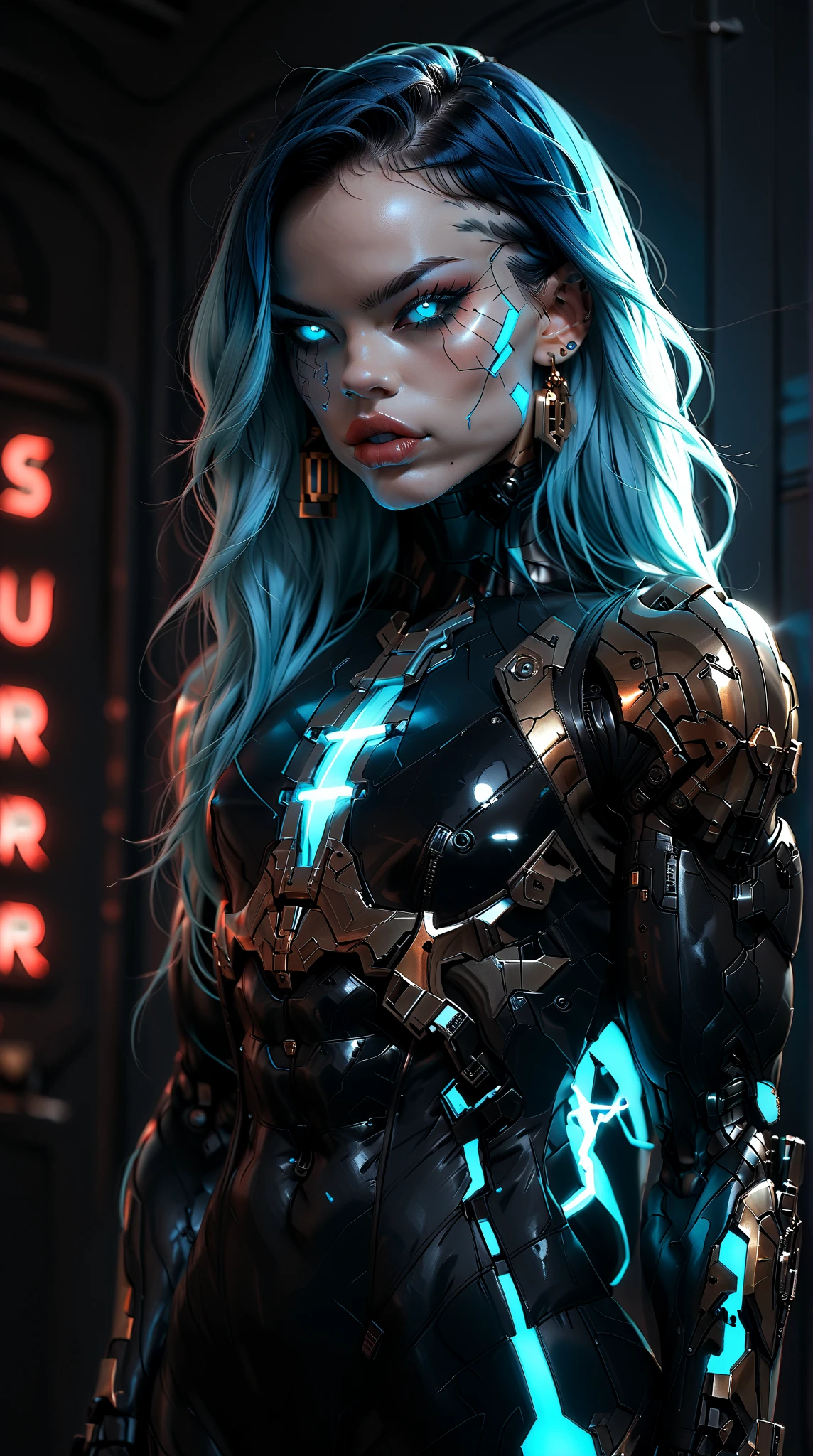 (nsfw:1), (Uncensored:1), score_9, score_8_up, score_7_up, (three quarters Shot), (1 girl), (asian), beautiful teenage (skinny) muscular goth cyborg girl, (full Cybernetic bodysuit:1.5), (black sclera:1.5), (blue glowing eyes:1.5), (blue glowing electric veins:1.25), (flat chest:1.25), (blue glowing hair:1.25), (beautiful face:1.25), (bodybuilder muscular physique:1.5), (strands of electricity emanating from body:1.25), (intricate gold filigree:1.5), bimbo lips, cowboy shot, cybernetic, mechanoid body parts, exposed cables and circuits, neon lights, gothic neon style, cyber punk style, super realistic image, beautiful digital paint ,SilverPulse, hyper Realistic illustrations, CyberRealistic_Negative_PONY