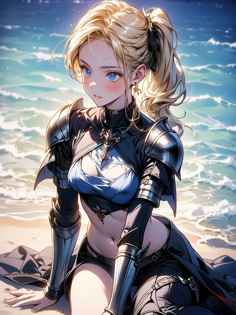 woman in shiny armor, posing for medieval fashion magazine cover, sitting on the knee, haughty, naughty, at the beach, making a flower crown, scornful, arrogance