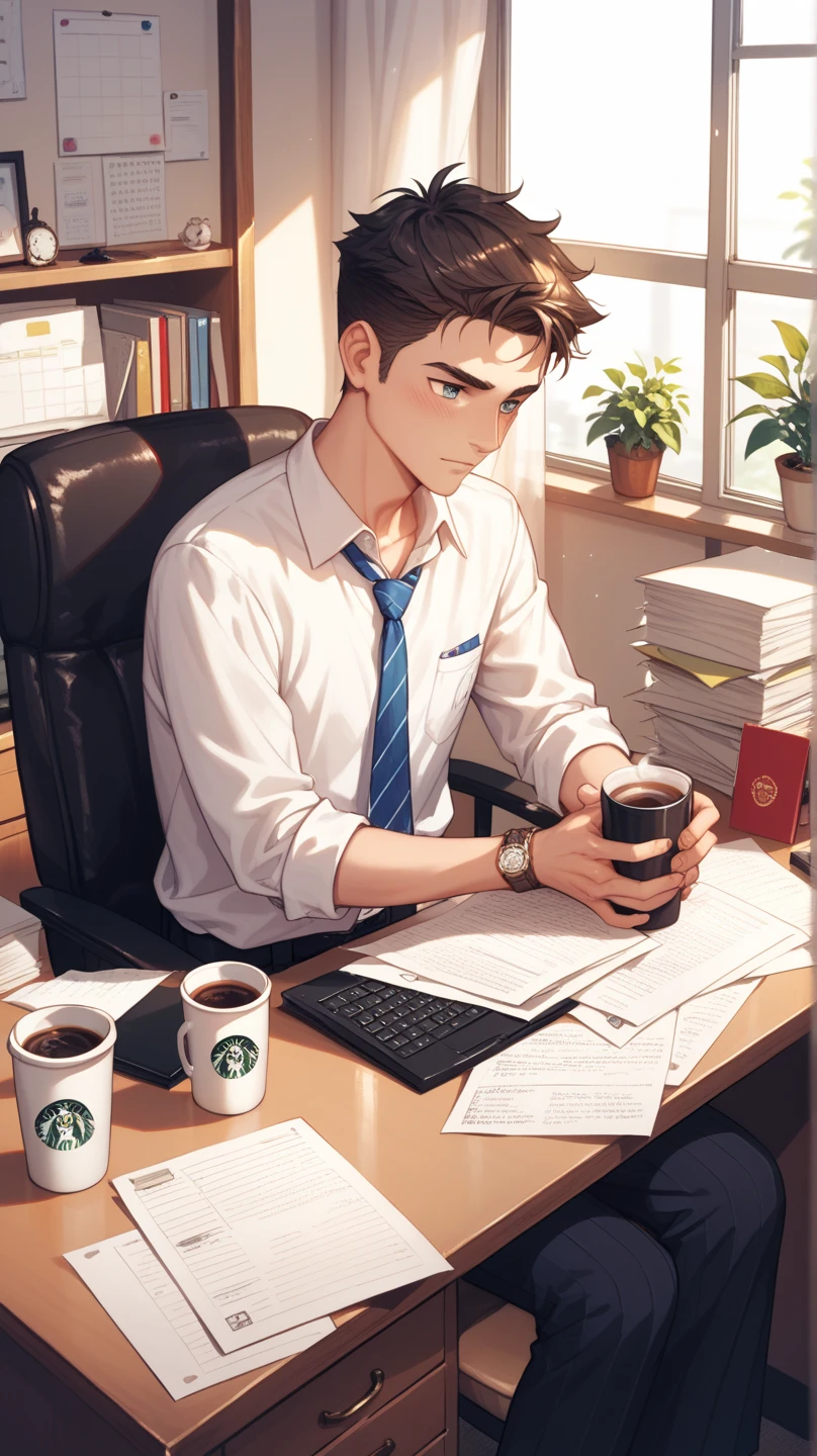 A university boy in white shirt with black necktie, short black hair, playing the computer game in his room with smile and fun, he hold noodle cup in his hand