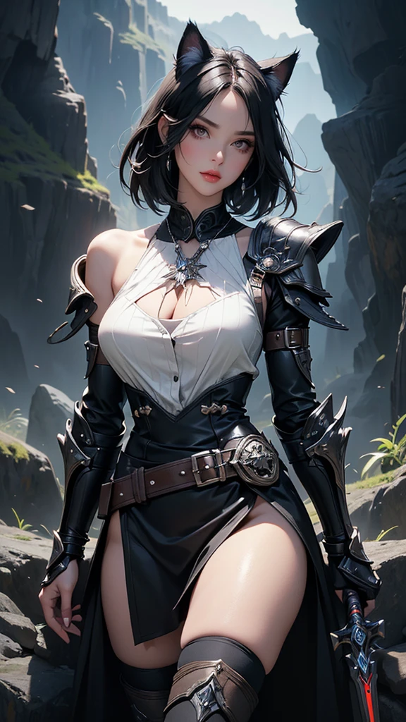 absurdrez, ultra details, high qualiy, work of art, gorgeous eyes(detailedeyes) warrior with sword, short black hair, paladin'to be'this'It's heavy armor, fully body, tense facial expression, gaping mouth, yelling, grappling, gazing at viewer, ombre, eye pencils, super lashes, fully body, lush ass, getting on all fours