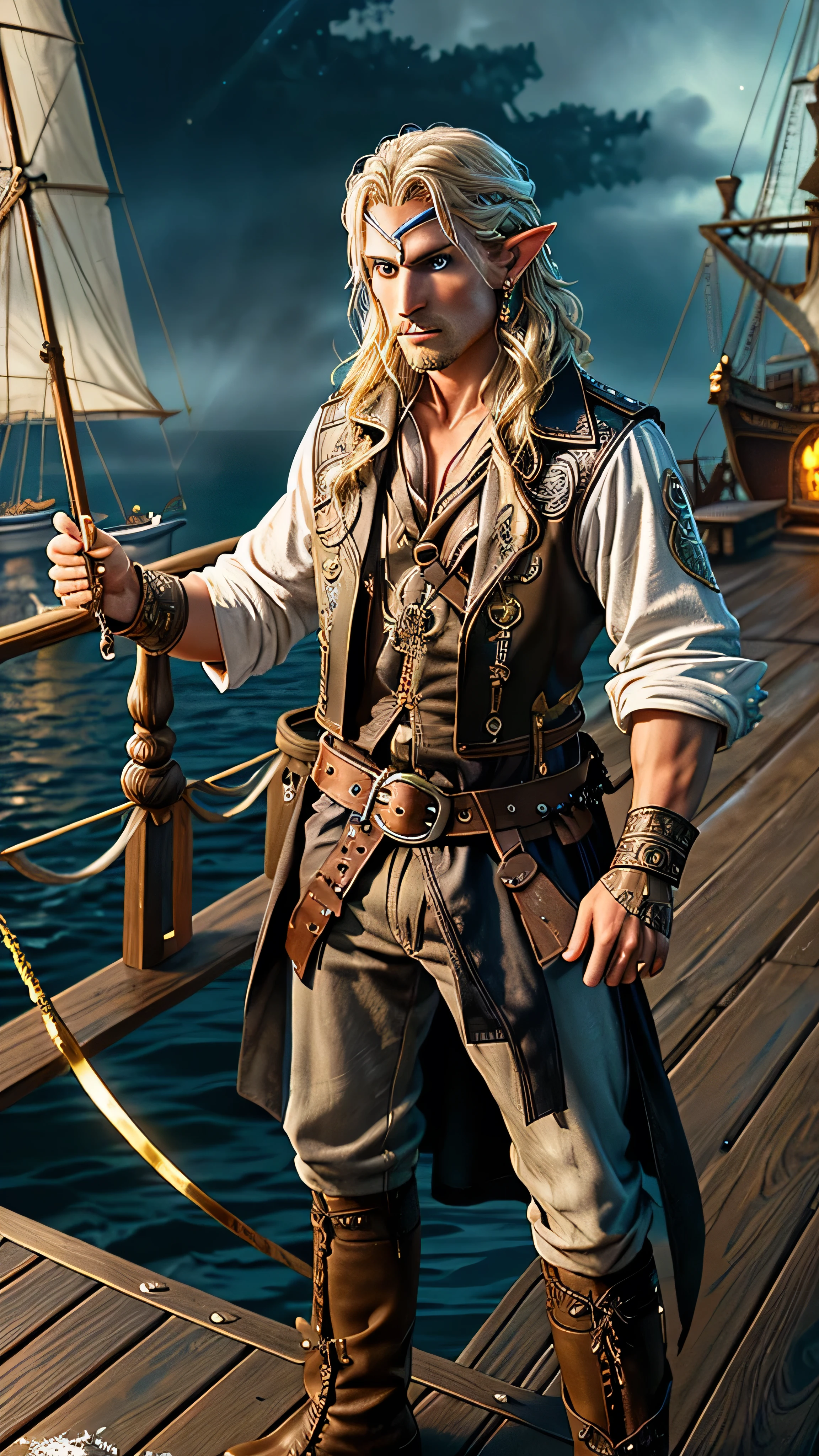 elf, male, pirate captain, pointed ears, gold braided hair, sharp piercing blue eyes, pointed chin, eye patch, golden earrings, classic pirate attire, fitted leather jacket, boots, wields curved saber with glowing runes, holstered pistol with ornate details, standing proudly, on the deck, grand mystical ship, sails under a moonlit sky, open sea, glistening waves, distant island, mist, ship’s sails with subtle elven motifs, adventurous magical atmosphere, (insanely detailed, beautiful detailed face, masterpiece, best quality), cinematic lighting, solo, (full body view), front view, looking at viewer, intricate, high detail, sharp focus, dramatic, photorealistic painting art by greg rutkowski