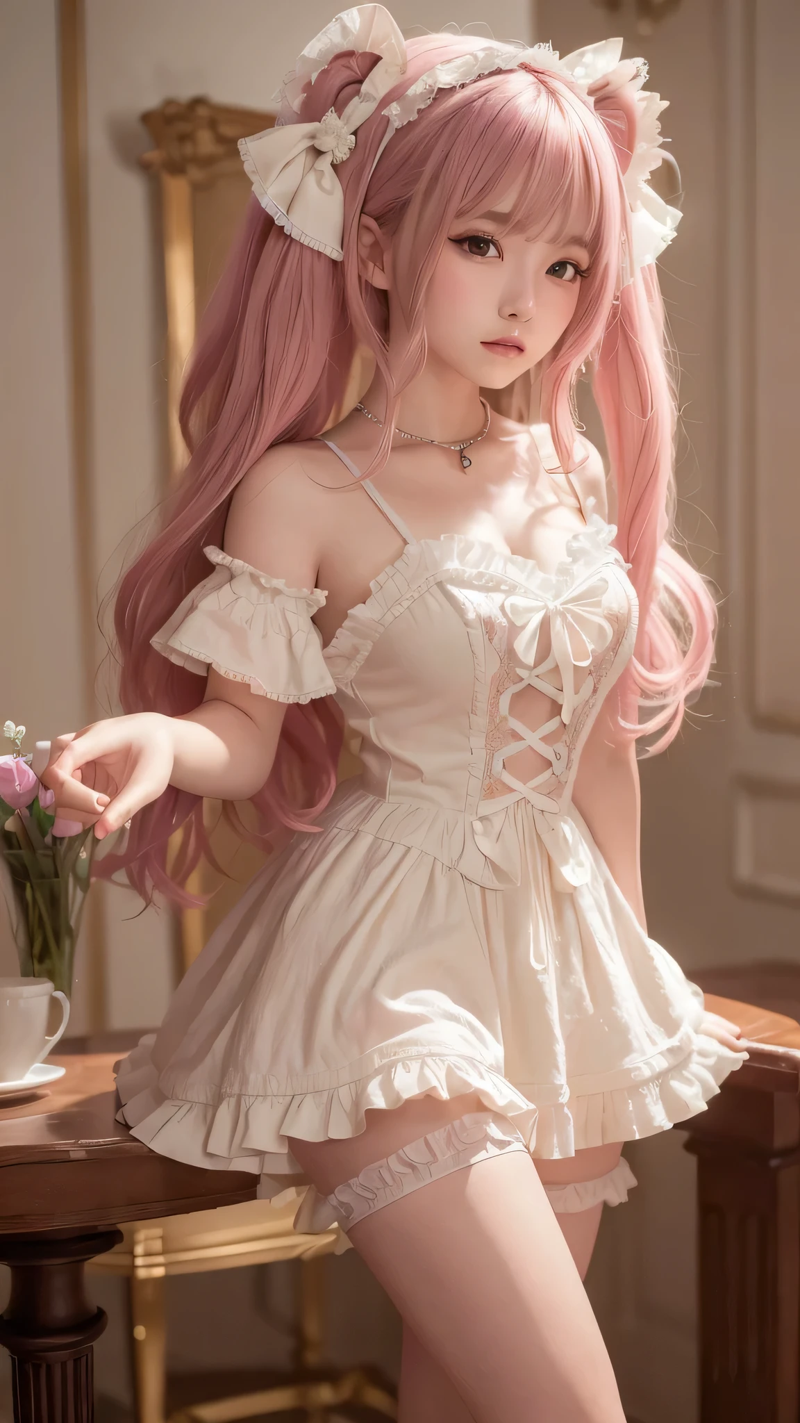 (Masterpiece, Best quality, Masterpiece,Best quality,offcial art, 8K wallpapers), Girl,chiquita，with long hair in takes, Pink hair, Wavy hair, Small breasts,(Dynamic color Lolita costume), Bare legs, Skirt lift,European restaurant，candlestick，wall，tableware， (Skin with the highest level of detail: 1,2), (The highest level of detail in the dial:1.2), Front lighting, natta, warm white light, looks into camera,