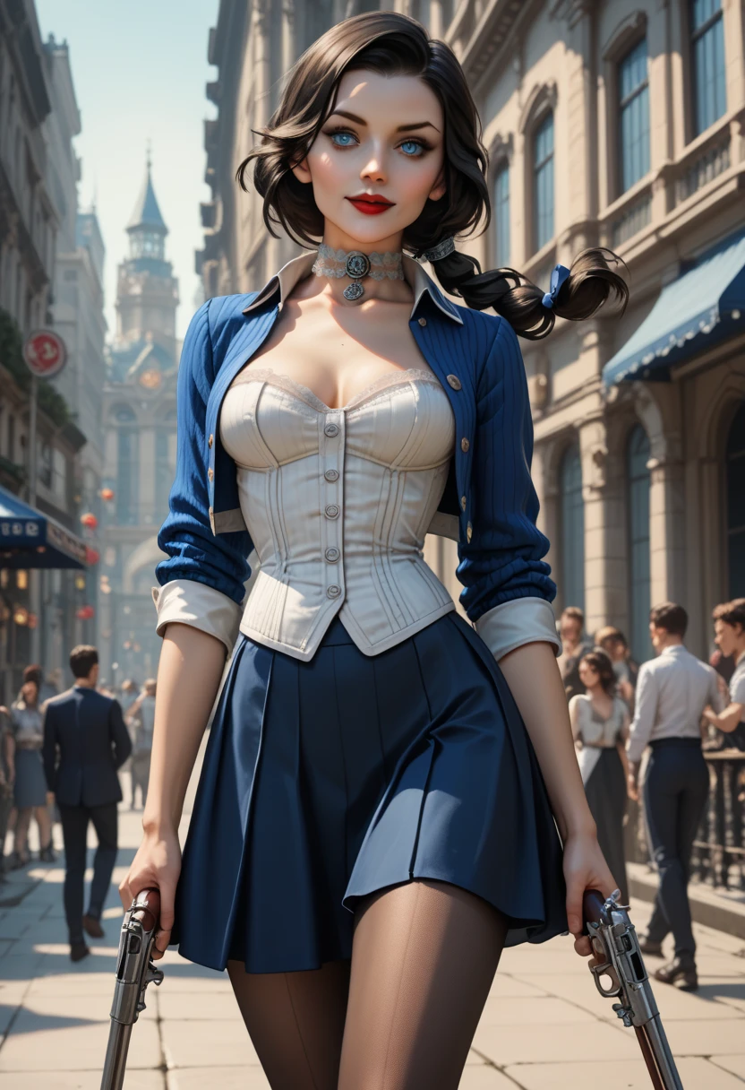 Score_9_up, Score_8_up, score_7_up; 1woman, solo; Elizabeth Comstock from "Bioshock Infinite"; long loose hair gathered in a low ponytail, dark hair, pale skin, blue eyes, red lips, light smile, detailed face, detailed eyes; ribbed white corset with open top, blue bolero jacket with silver detailing, (cameo choker necklace), blue full a-line skirt, high slits in skirt, black detailing on skirt, (opaque pantyhose), {{calf-high black boots with low heels}}; wielding hand canon revolver, ((modeling poses)), late 19th century American architecture backdrop; 8k, 16k, high resolution, highres