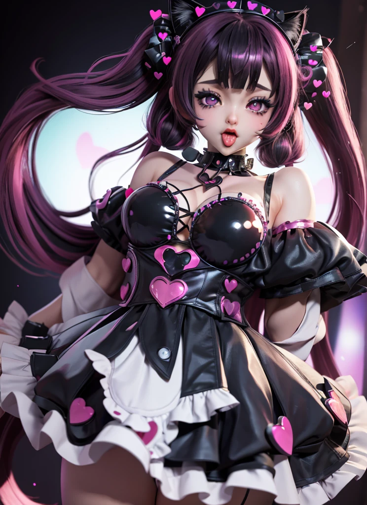 masterpiece, best quality, highly detailed, high resolution, expensive resolution, high resolution, 4K, 8k, Unity 8k wallpaper, highly detailed CG, masterpiece, 2D, 3D, beautiful details, depth, fine texture, best quality: 1.3, perfect focus, crisp skin, him, very cute, 20s girl, idol, holding a microphone and singing, short twin tails, mole under eye, looking at the viewer, expensive, blush, mole, open lips, heart shaped choker, pink eyes