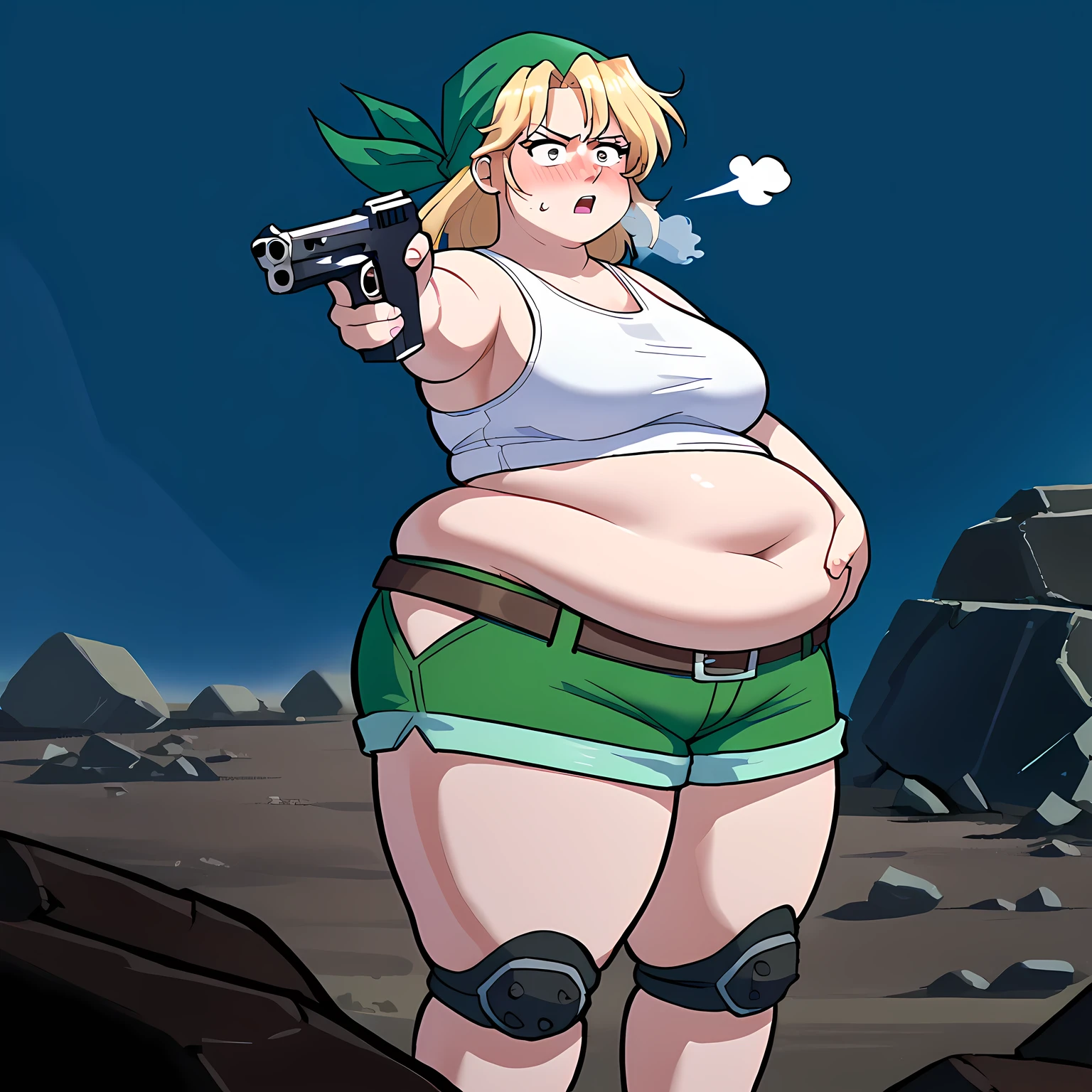 score_9, score_8_up, score_7_up, source_anime, holding weapon, holding gun, handgun, aiming, full body, solo, 1girl, kasamoto eri, expressionless, bandana, white tank top, crop top, green shorts, short shorts, hip vent, belt, knee pads, bare shoulders, midriff, large breasts, outdoors, battlefield, debris bulging belly, fat, chubby, obese, open mouth, out of breath, absurdres, highres icon, rating:General, confused, blush, {flustered}, nervous sweating, portrait, pov hands, hand on another's belly, averting eyes, [looking away], straight-on, from below, swollen face, masterpiece, best quality, ultra-detailed, high resolution, 8K, 
