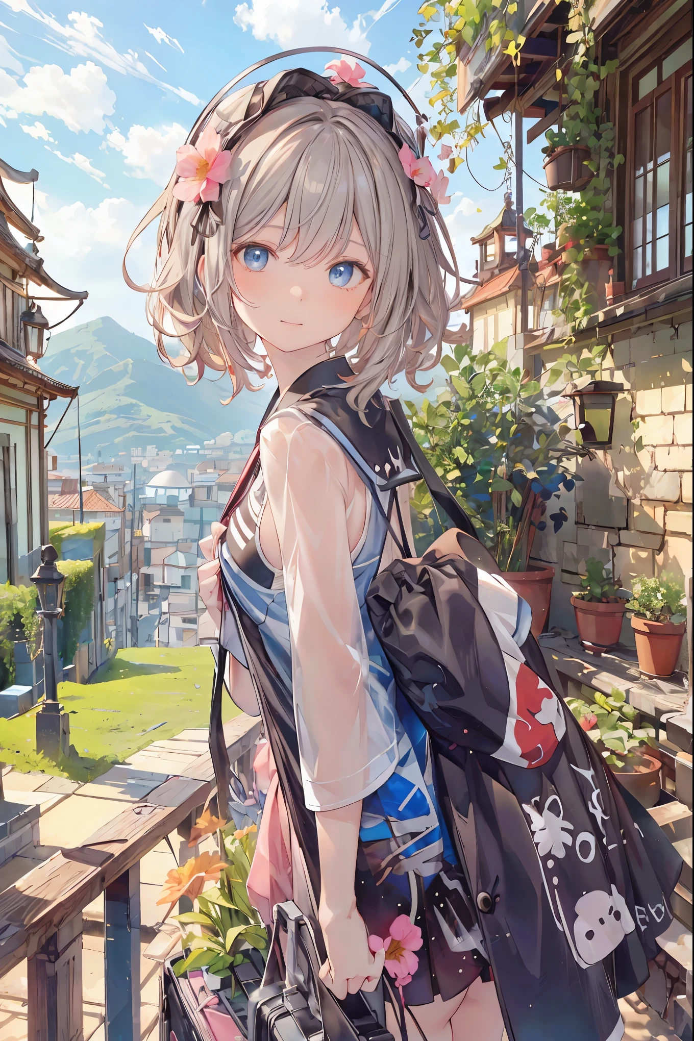(( Masterpiece )), (black clothes), (( top quality)), ( RAW Photos from the Last Century :1.2), ( high definition :1.3), ( Capture each blooming location with professional photos :1.2), ( Color Difference), mischievous girl , (()), (Serious), audience , Plain Shirt, Bedhead, Curly hair, ( SMALL WAIST PANTS ), ((Take off your work pants)), , ( small breasts), Cute waist, outdoors , ((Top of the big bell tower)),International Travel,Brown suitcase, Girl looking down from the top of a hill , the wind is blowing ,Tower of Pisa,tourist spot, ANCIENT CITY ,Highlands,holy place,Multiple Churches, brown hair , shortcut , hair is unkempt , Short Braided Hair ,Neat, slender beauty、Positive Attitude, small breasts, Beautiful Legs with Tails , Her charming gray-blue eyes shine like stars , bright color, beautiful eyes ,A delicate smile, the seductive grey-blue eyes are shining like stars , top quality, Gentle beautiful woman , anime style、(( from below:1.2)),