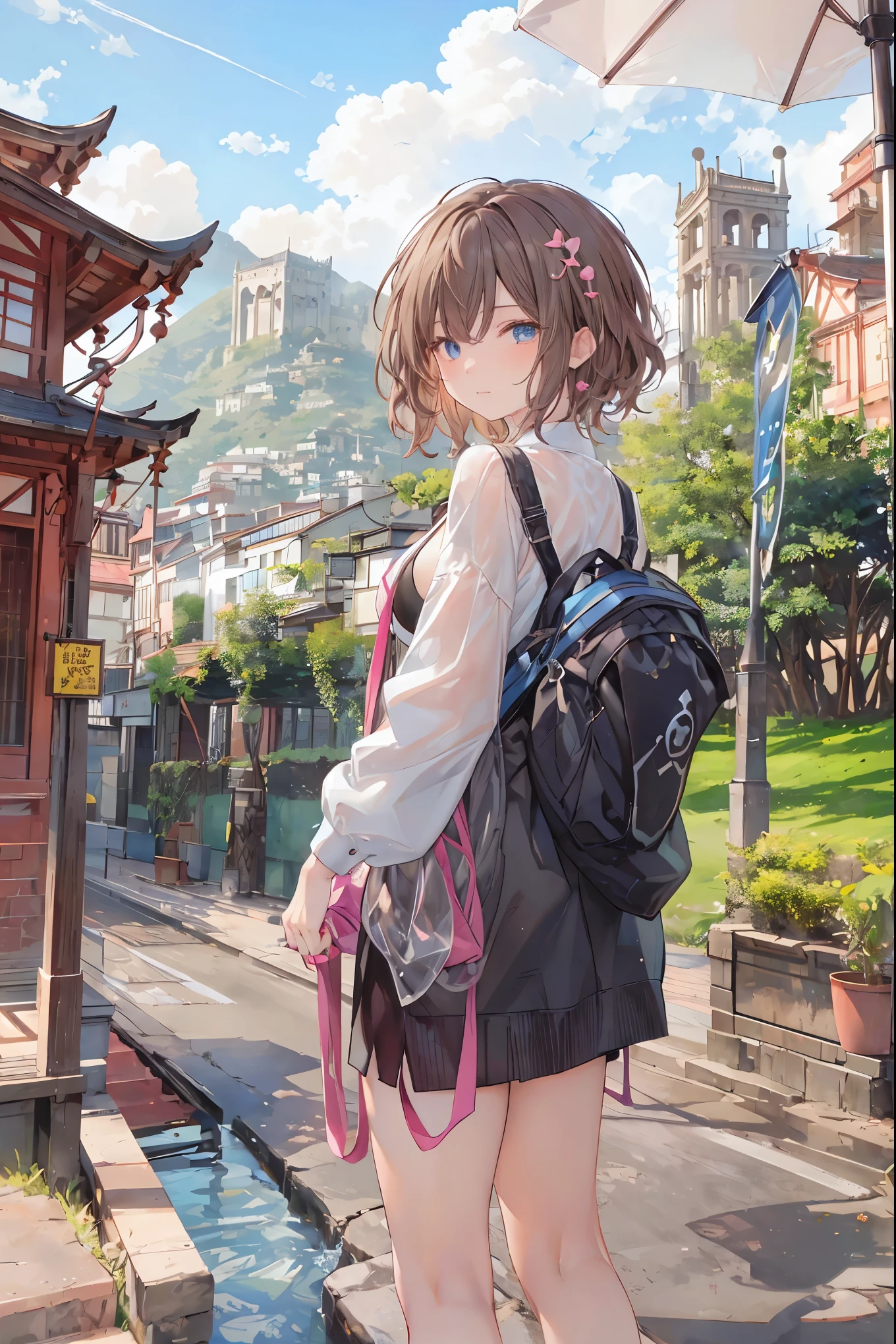 (( Masterpiece )), (black clothes), (( top quality)), ( RAW Photos from the Last Century :1.2), ( high definition :1.3), ( Capture each blooming location with professional photos :1.2), ( Color Difference), mischievous girl , (()), (Serious), audience , Plain Shirt, Bedhead, Curly hair, ( SMALL WAIST PANTS ), ((Take off your work pants)), , ( small breasts), Cute waist, outdoors , ((Top of the big bell tower)),International Travel,Brown suitcase, Girl looking down from the top of a hill , the wind is blowing ,Tower of Pisa,tourist spot, ANCIENT CITY ,Highlands,holy place,Multiple Churches, brown hair , shortcut , hair is unkempt , Short Braided Hair ,Neat, slender beauty、Positive Attitude, small breasts, Beautiful Legs with Tails , Her charming gray-blue eyes shine like stars , bright color, beautiful eyes ,A delicate smile, the seductive grey-blue eyes are shining like stars , top quality, Gentle beautiful woman , anime style、(( from below:1.2)),