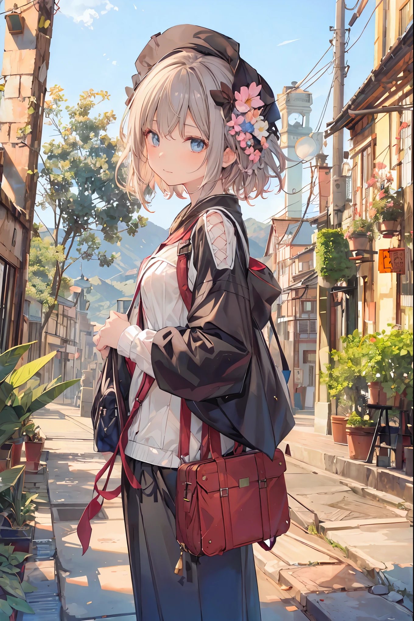 (( Masterpiece )), (black clothes), (( top quality)), ( RAW Photos from the Last Century :1.2), ( high definition :1.3), ( Capture each blooming location with professional photos :1.2), ( Color Difference), mischievous girl , (()), (Serious), audience , Plain Shirt, Bedhead, Curly hair, ( SMALL WAIST PANTS ), ((Take off your work pants)), , ( small breasts), Cute waist, outdoors , ((Top of the big bell tower)),International Travel,Brown suitcase, Girl looking down from the top of a hill , the wind is blowing ,Tower of Pisa,tourist spot, ANCIENT CITY ,Highlands,holy place,Multiple Churches, brown hair , shortcut , hair is unkempt , Short Braided Hair ,Neat, slender beauty、Positive Attitude, small breasts, Beautiful Legs with Tails , Her charming gray-blue eyes shine like stars , bright color, beautiful eyes ,A delicate smile, the seductive grey-blue eyes are shining like stars , top quality, Gentle beautiful woman , anime style、(( from below:1.2)),