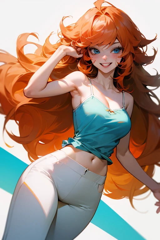 Hifh detail furry girl, with a loose top, long red hair with yellow streaks , eyeballs shaped like cat eyes, a fluffy tail, dynamic pose, loose tiny and short clothes, small body, stretching, happy face with open mouth with fangs