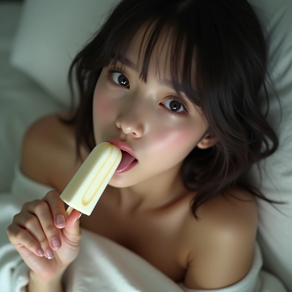 Highest quality、8k、masterpiece、Ultra-high resolution、クリアなphotograph、リアルなphotograph、Realistic、Professional Lighting、Natural light、photograph、(very cute、beautiful girl、The cutest Yua Mikami)、(Brown Hair)、Sexy Face、(Open your mouth、Cheek up a popsicle:1.8、Put the popsicle deep in your mouth:1.8、Blowjob:1.2)、(Drooling:1.6)、slouch、(Her cleavage is visible)