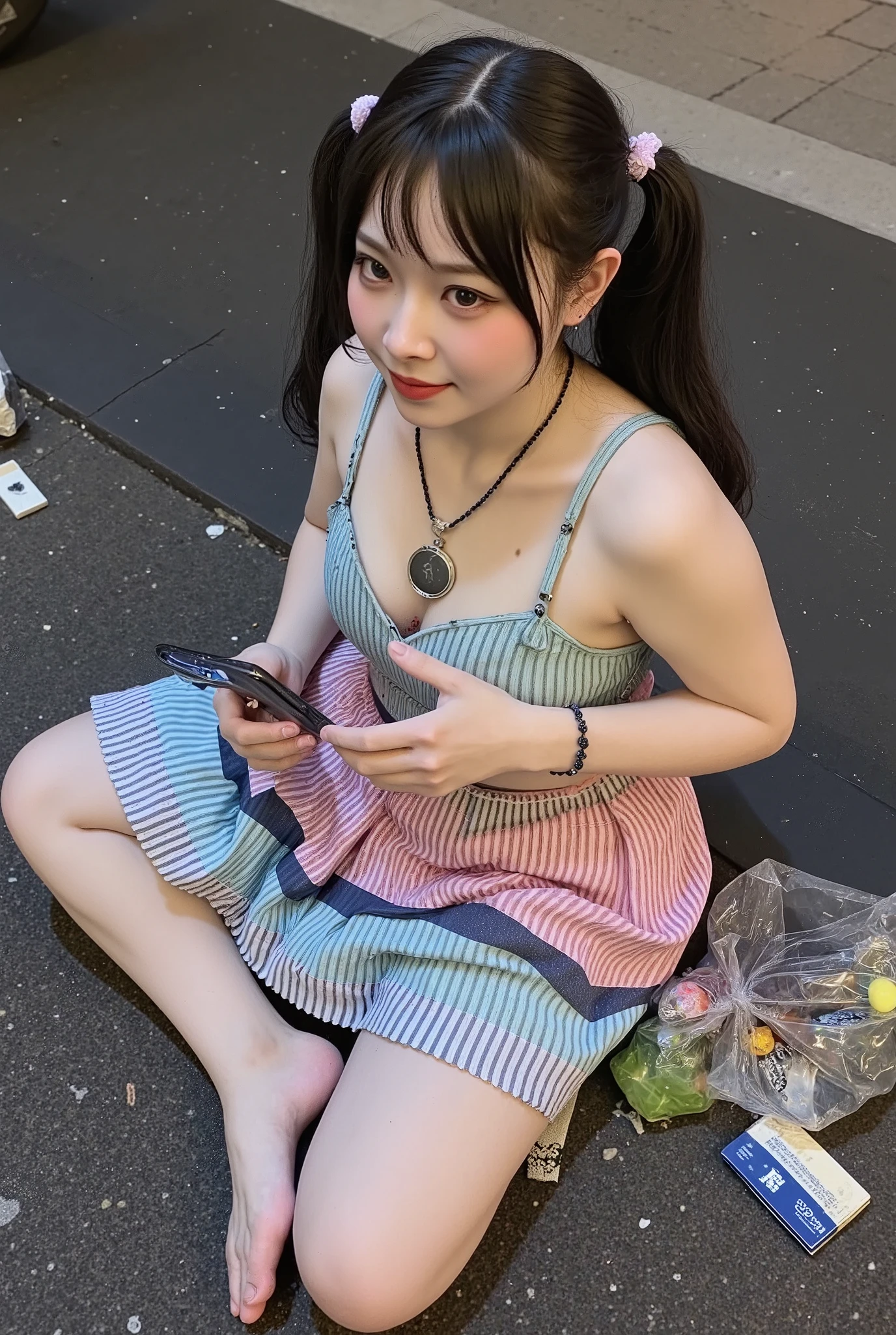 NSFW,
photography, film, depth of field, realistic skin texture, realistic photo, taken with smartphone, documentary,
pigtails, bangs,
(one girl, junior idol, teenage girl, Japanese girl, runaway girl),
messy hair, cute face, looking at camera, full body,
she is wearing necklace, (stained camisole, stained super mini skirt), friendship bracelet, anklet, but no panties, no underwear,
she is wearing colorful camisole top with thin shoulder straps,
she is wearing colorful super mini pleated skirt,
her pussy is visible from the hem of the super mini pleated skirt,
her body is plump with not much of a waistline, big ass and thick thighs, giving an overall underdeveloped impression,
She has super big breasts as big as her head,
(Gigantic Bust: 1.6),
She is fat with big breasts,
She has thick legs,
She is still in her early teens but ran away from home and is making a living by prostituting herself,
She is sitting on the edge of the sidewalk with her legs stretched out,
She is playing with her smartphone,
She spreads her legs and shows her pussy to get the man's attention,
She looks up at me with the camera pointed at her,
She looks at the camera and smiles sadly as if to fawn,
She hasn't washed her body so her whole body is filthy, her clothes, skin and hair are dirty,
There is a plastic bag full of junk next to her,
This is a corner of Shinjuku's downtown, (night, downtown at night), town, city, downtown,
Various types of garbage are scattered on the street, condoms, (used condoms),