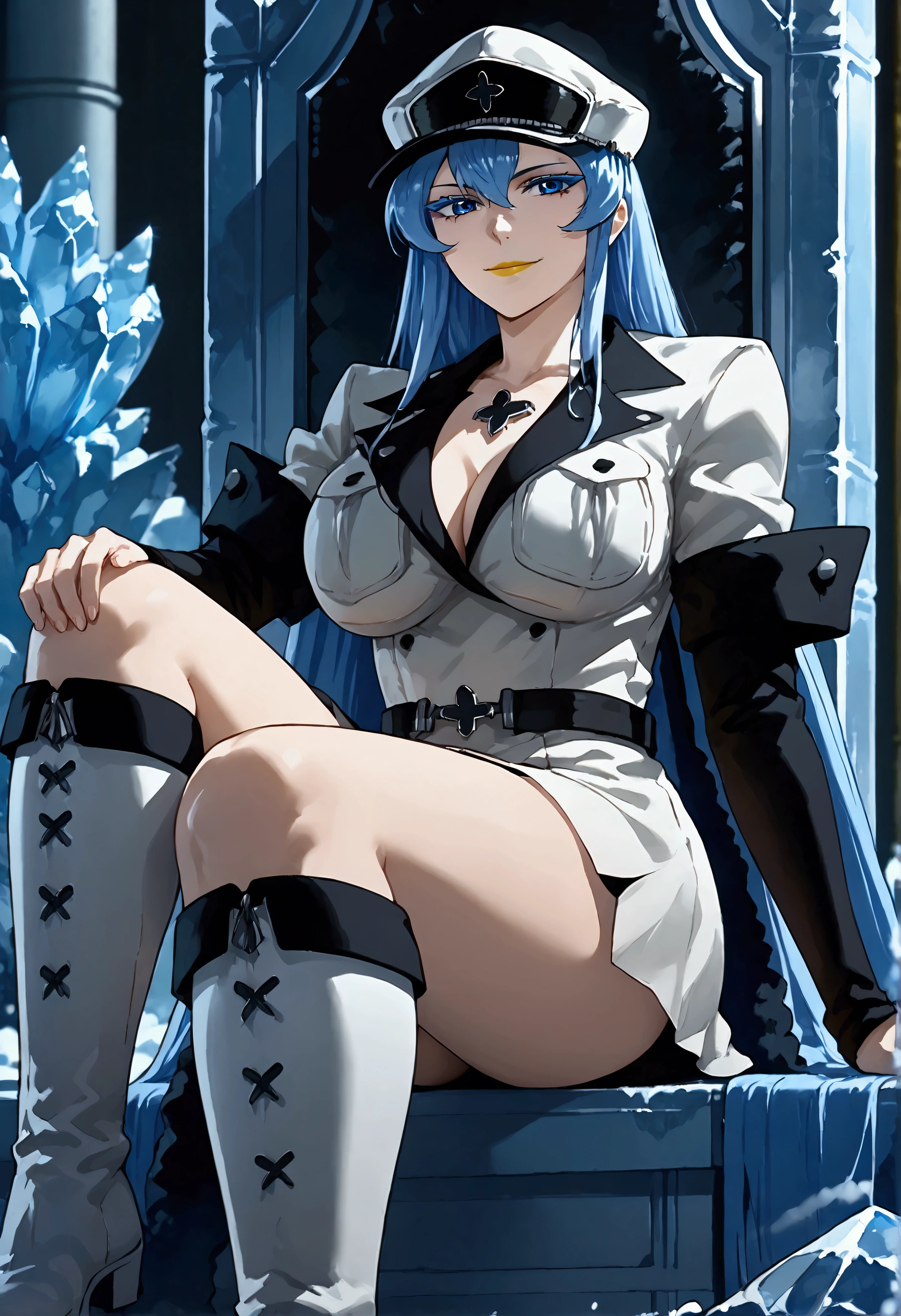 beautiful woman, solo, big breasts, long hair, blue hair, blue eyes, white military uniform, peaked cap, knee-high boots, knee-high boots, black belt, sitting on an ice throne, using ice magic, natural light, perfect lighting, detailed face, perfect makeup, esdeath, anime style, yellow lipstick, smile